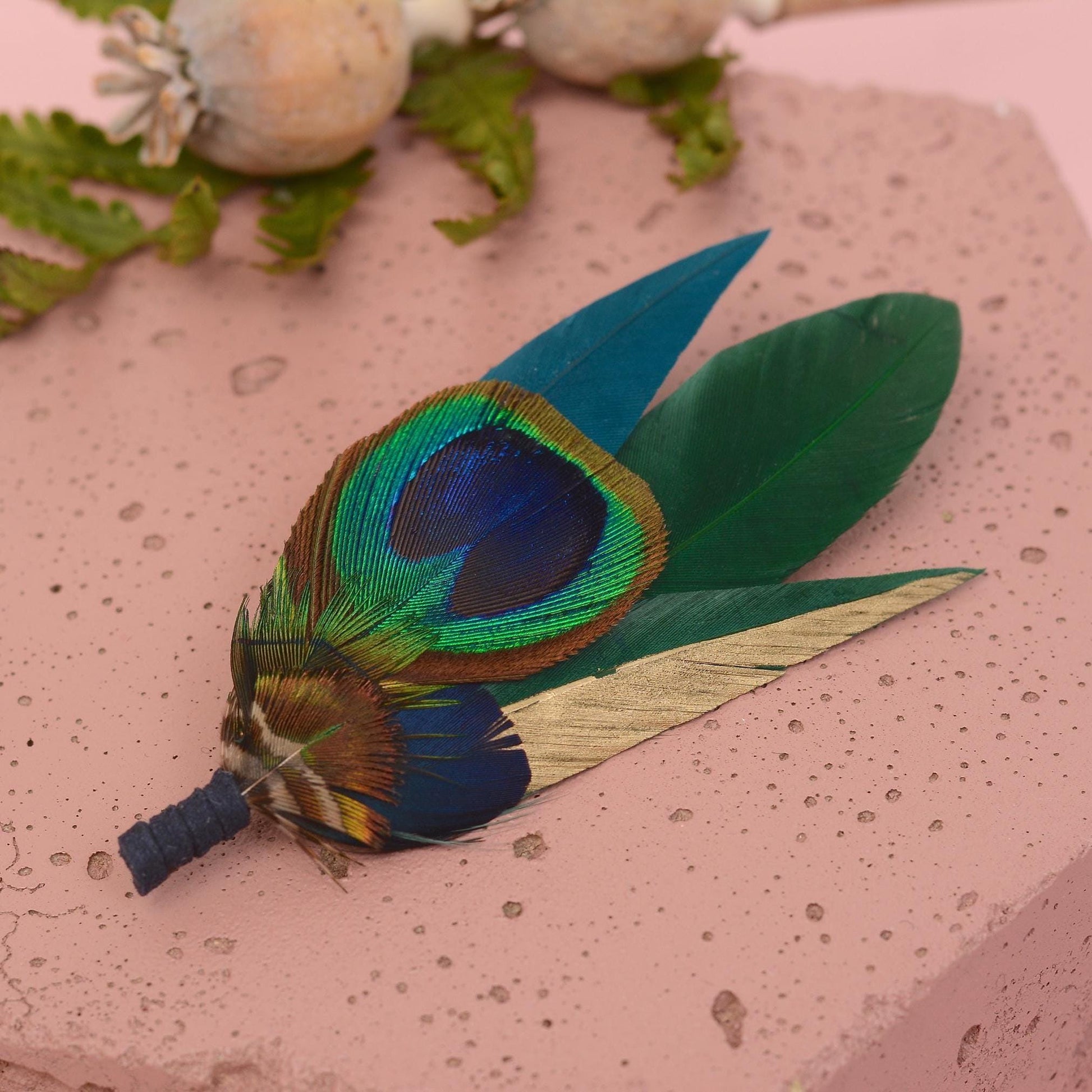 Peacock Gold and Green Feather Lapel Pin Small No.240 | Unique Peacock Feather Boutonniere | Pheasant Feather Brooch