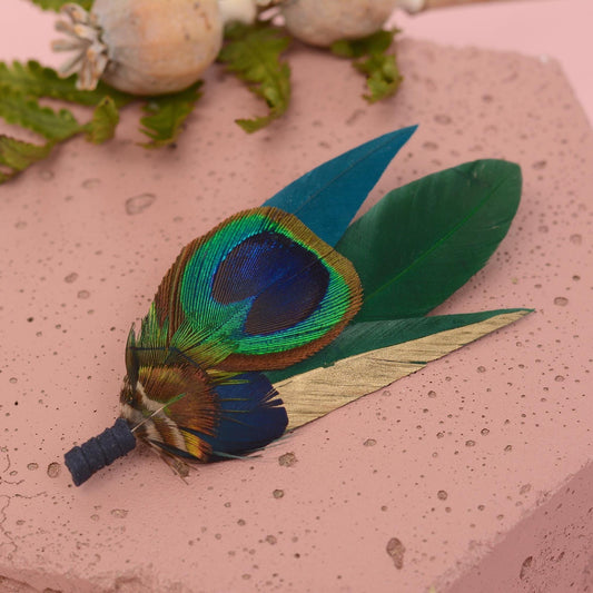 Peacock Gold and Green Feather Lapel Pin Small No.240 | Unique Peacock Feather Boutonniere | Pheasant Feather Brooch