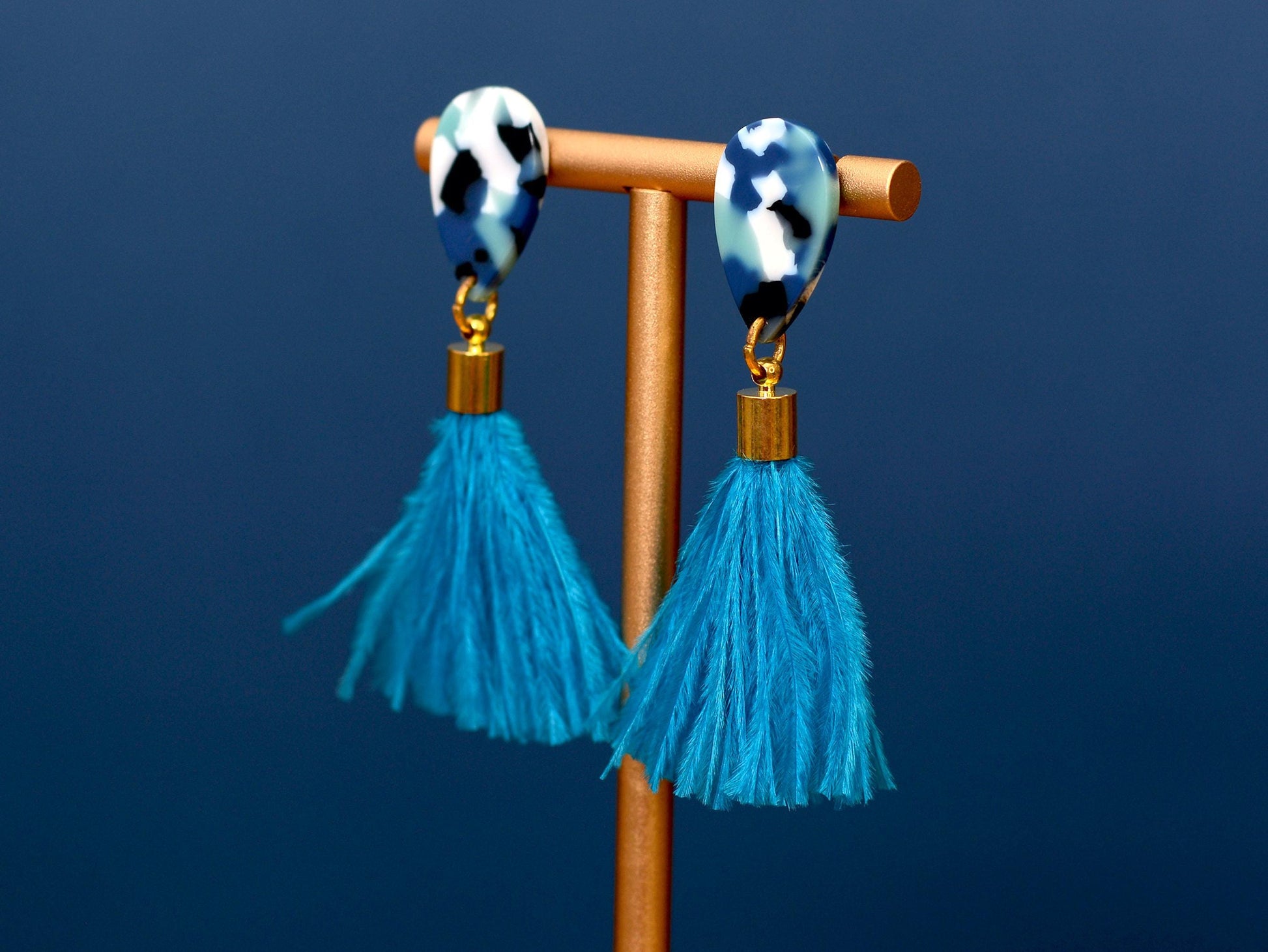 Sky Blue Teardrop Ostrich Feather Tassel Earrings