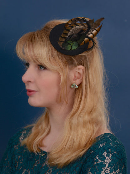 Black Pheasant Feather Fascinator | Black Feather Hat | Wedding Fascinator | Black Fascinator