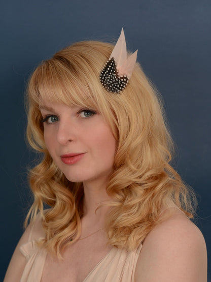 Blush Pink Feather Hair Clip with Polka Dots | Pink Feather Fascinator | Blush Feather Headpiece | Wedding Fascinator | Bridal Headpiece