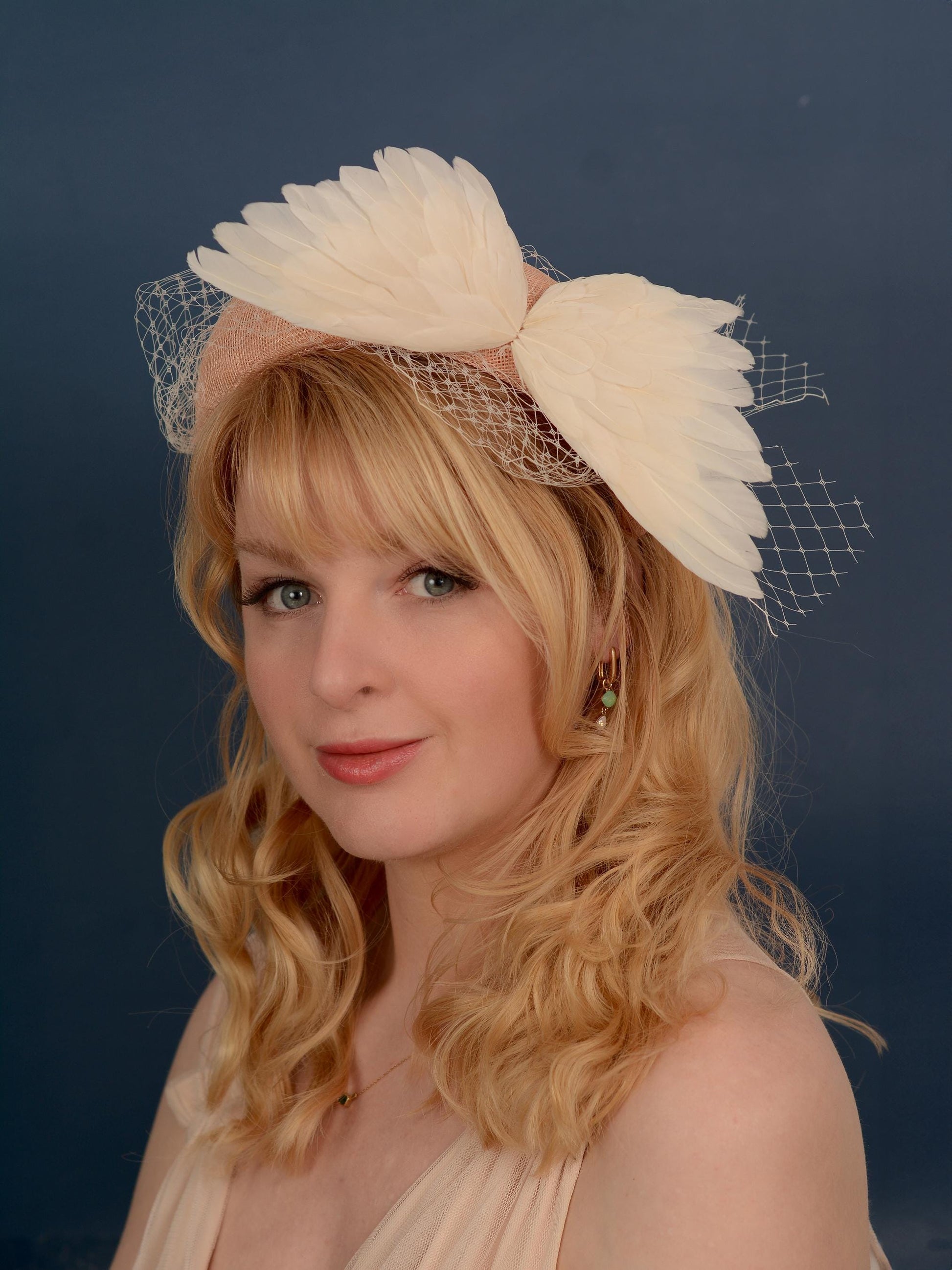 Blush Pink and Ivory Bird Wings Bandeau Headband Fascinator with Ivory Birdcage Veil