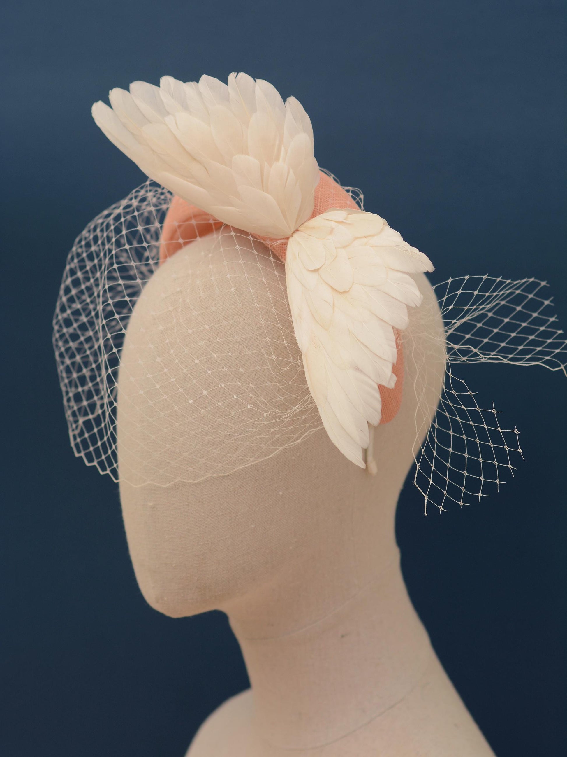 Blush Pink and Ivory Bird Wings Bandeau Headband Fascinator with Ivory Birdcage Veil
