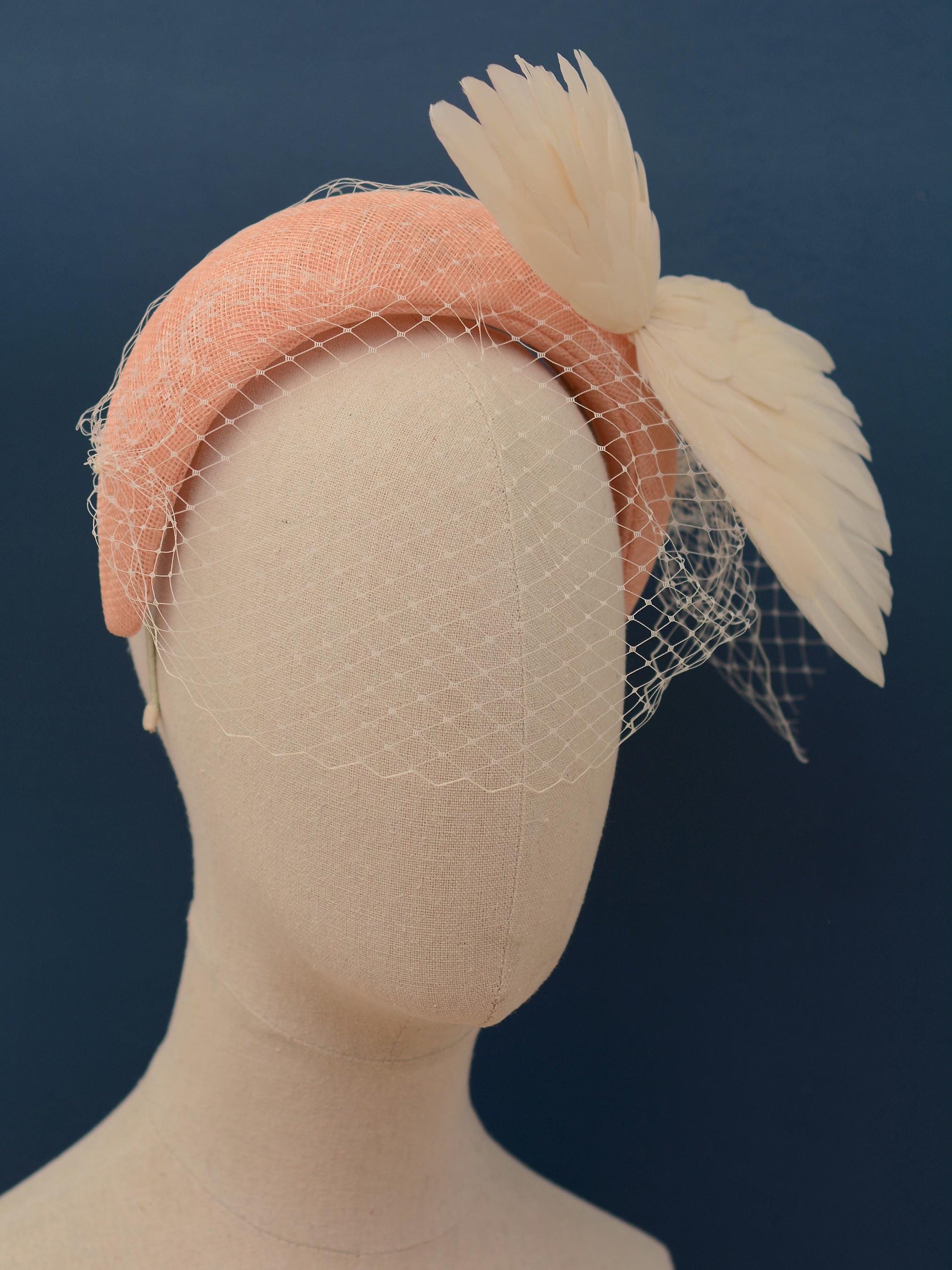Blush Pink and Ivory Bird Wings Bandeau Headband Fascinator with Ivory Birdcage Veil