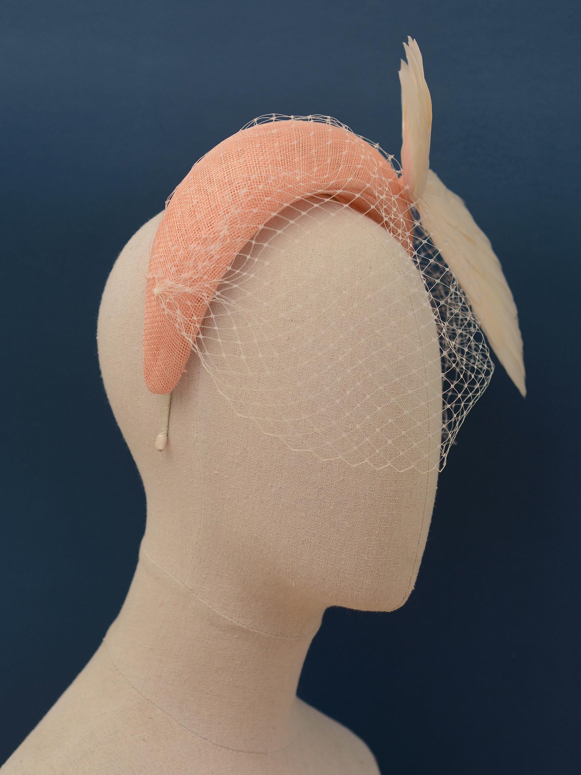 Blush Pink and Ivory Bird Wings Bandeau Headband Fascinator with Ivory Birdcage Veil