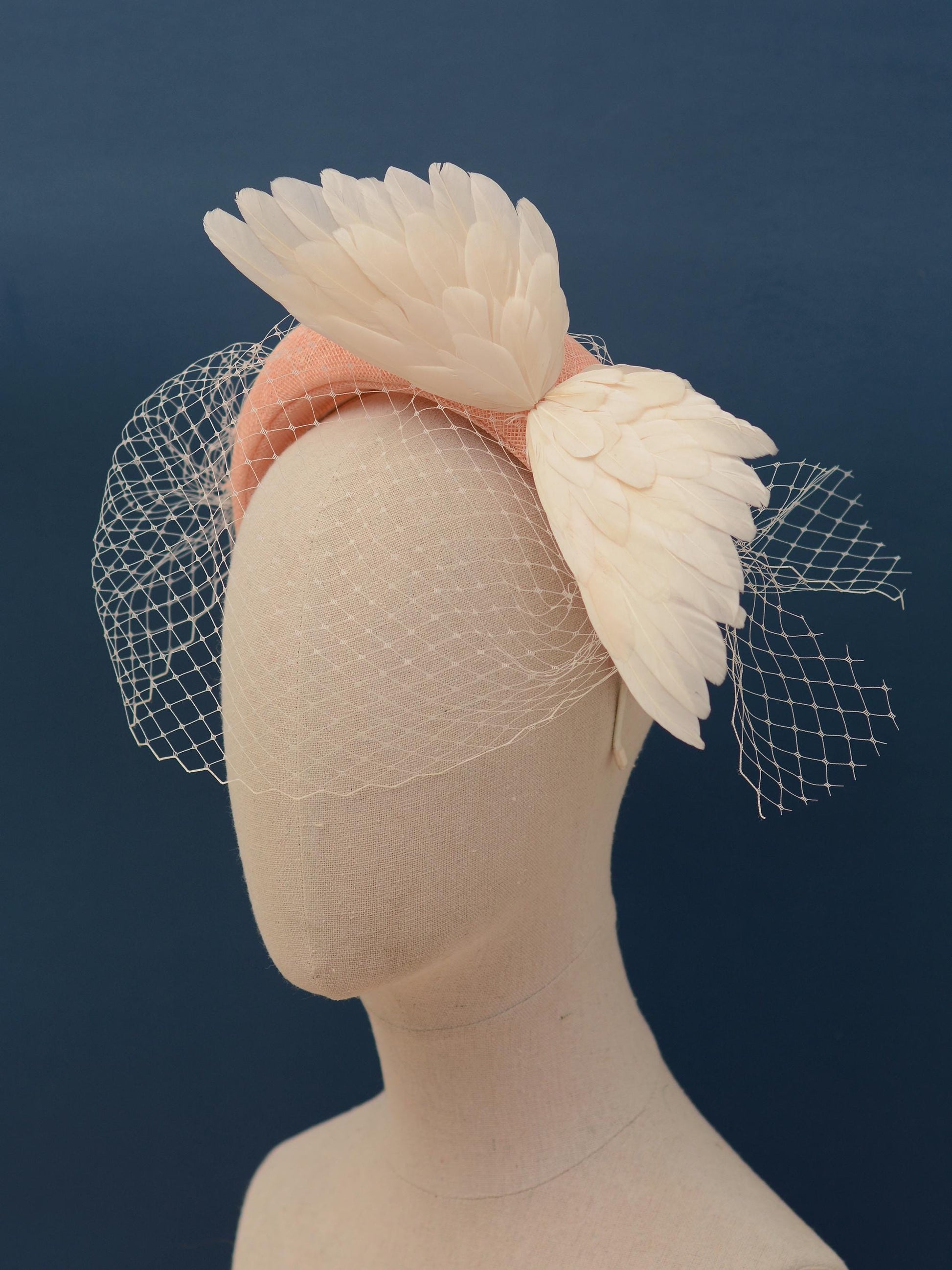Blush Pink and Ivory Bird Wings Bandeau Headband Fascinator with Ivory Birdcage Veil