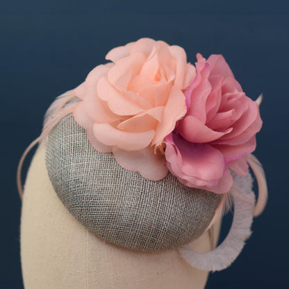 Grey and Pink Button Fascinator with Flowers and Feathers