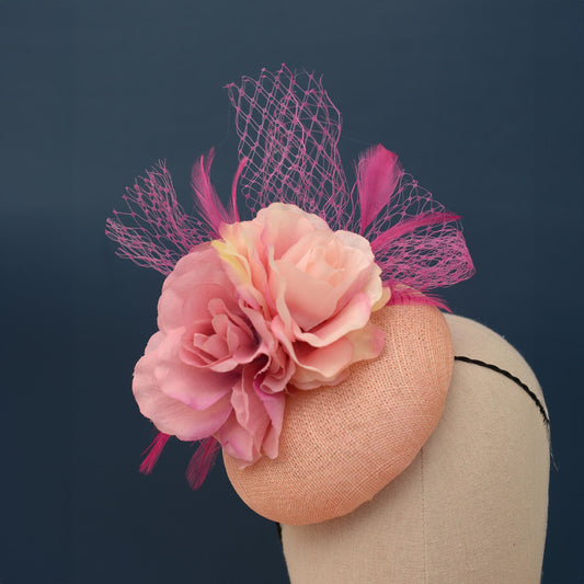 Grey and Pink Button Fascinator with Flowers and Feathers