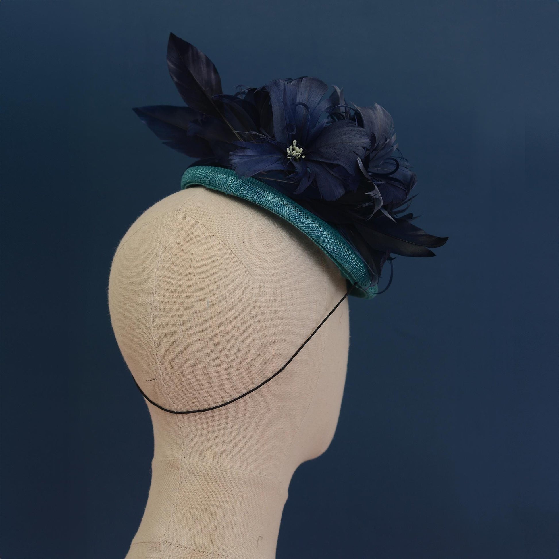 Navy Blue and Teal Feather Flower Button Hat Fascinator