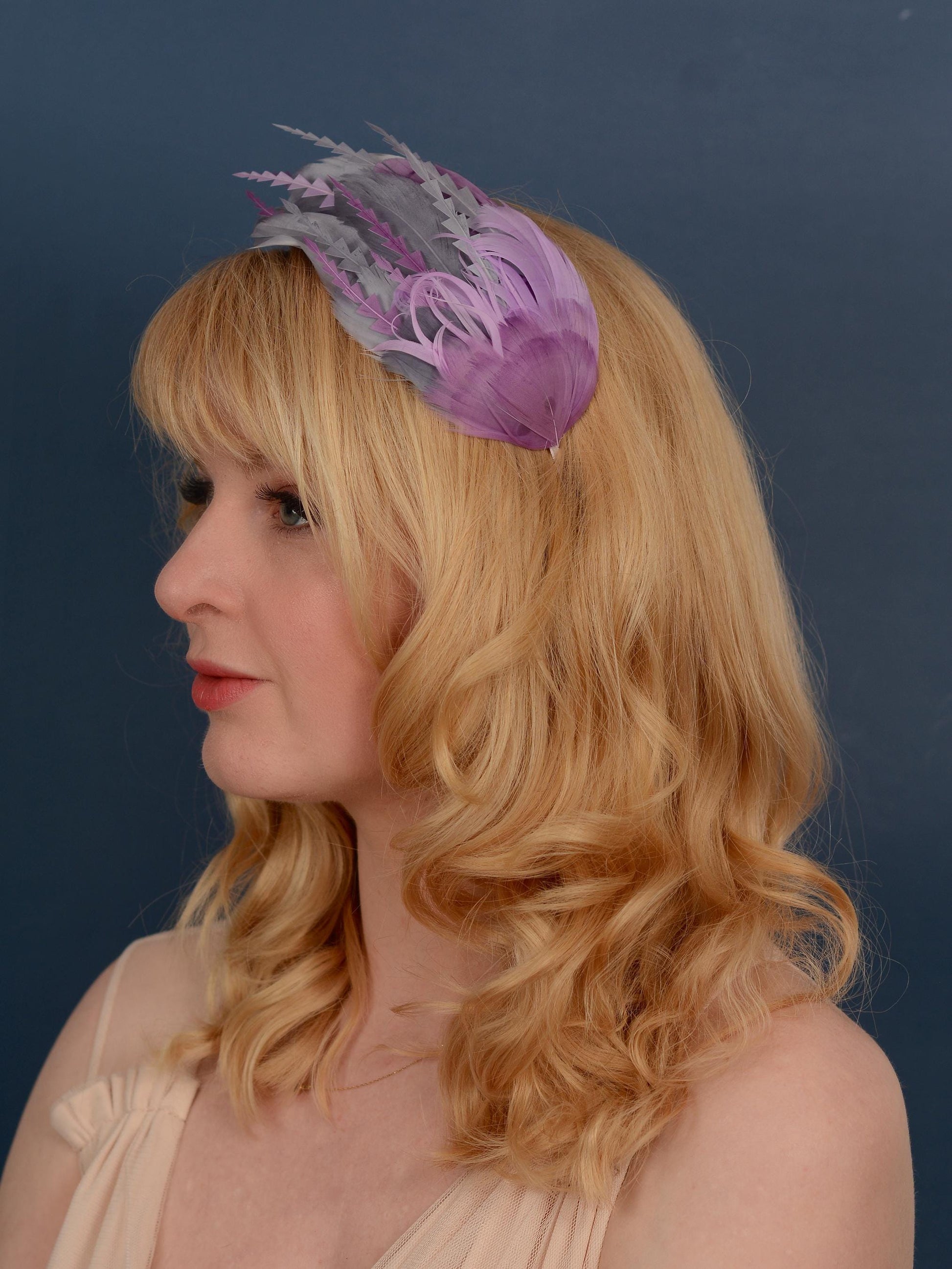 Ombre Grey and Lavender Purple Feather Fascinator Headband No.011 | Grey Feather Headband | Purple Feather Headpiece