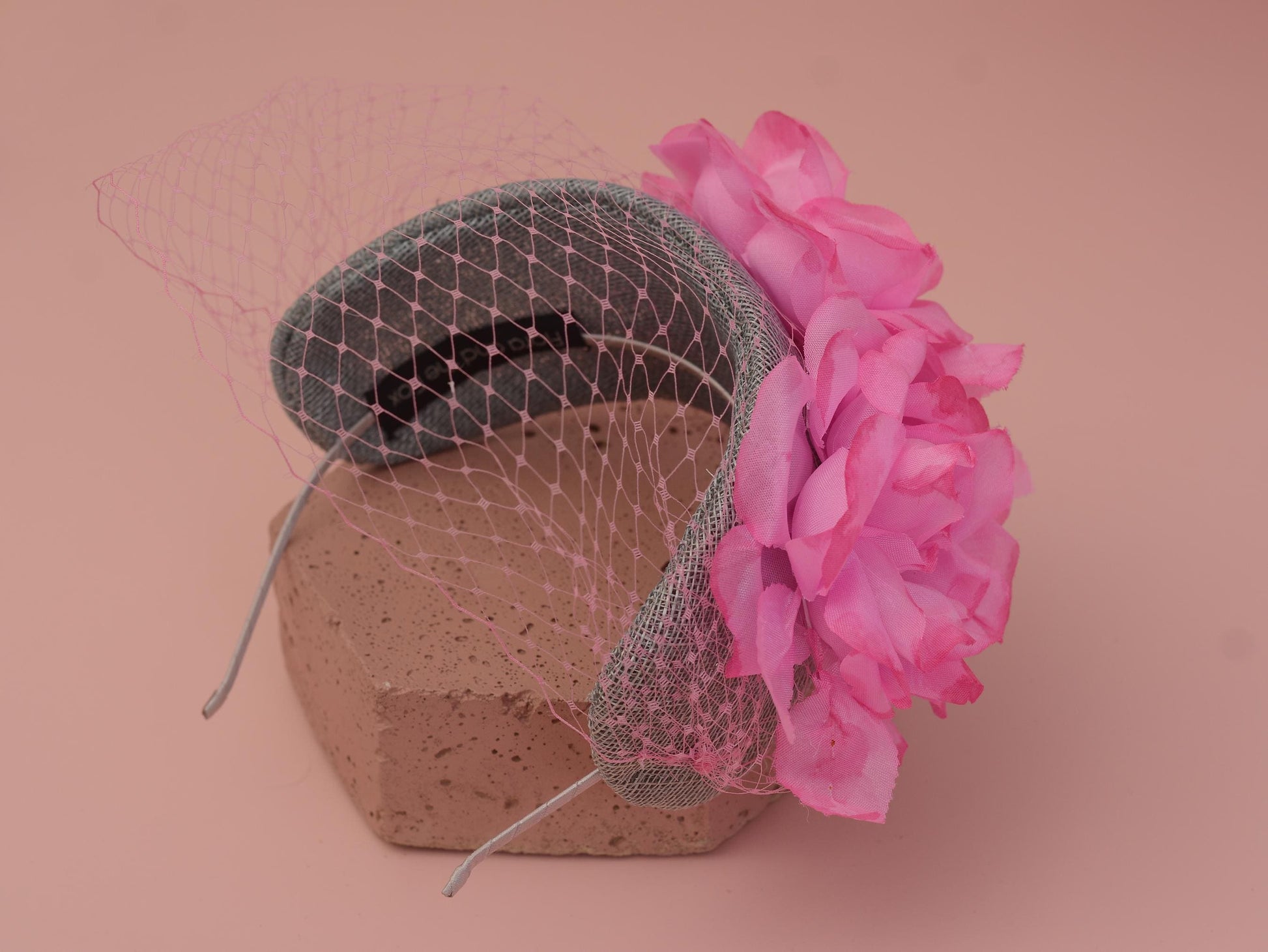 Grey and Pink Bandeau Headband Fascinator with Flowers and Net Veil