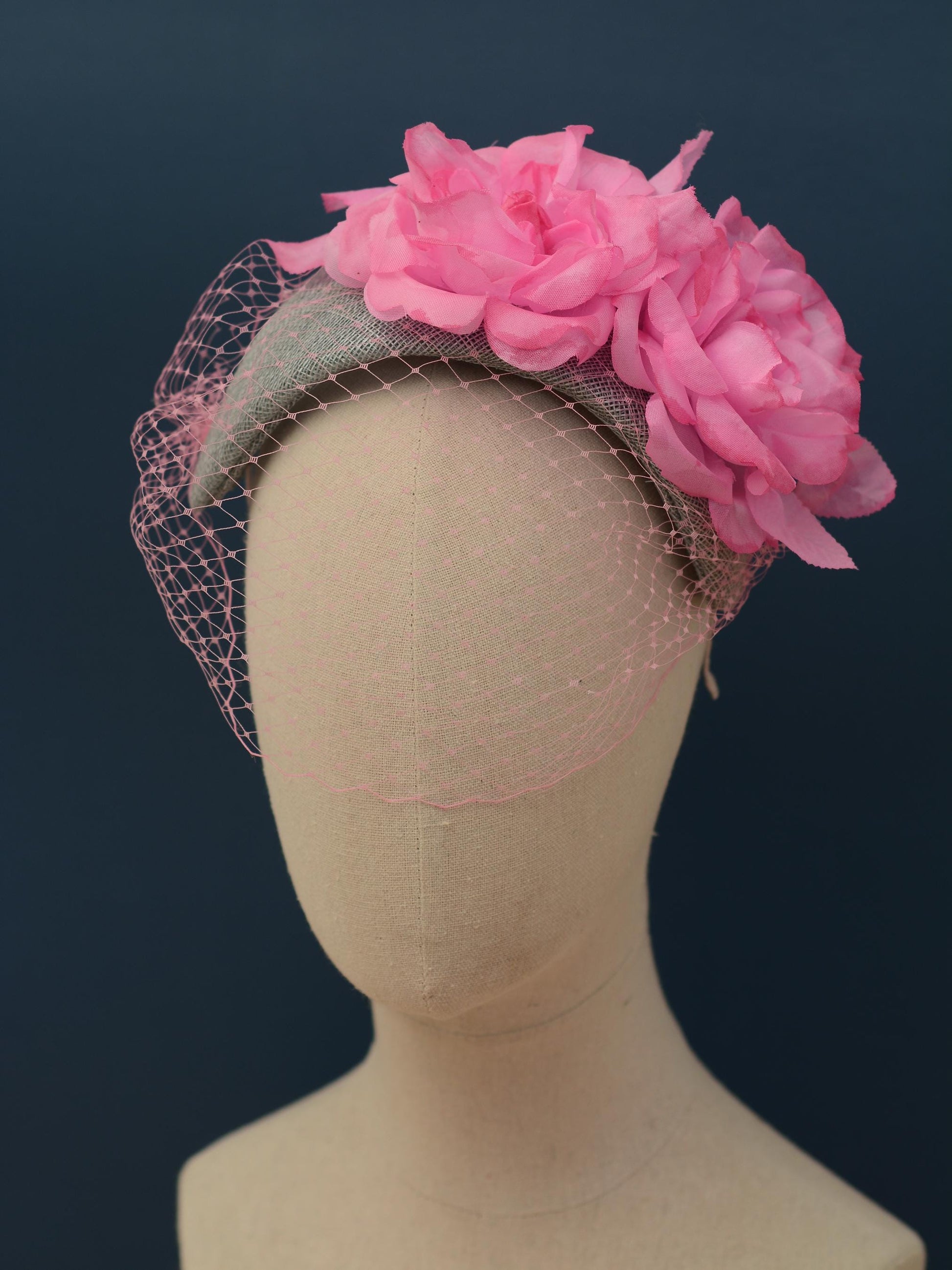 Grey and Pink Bandeau Headband Fascinator with Flowers and Net Veil
