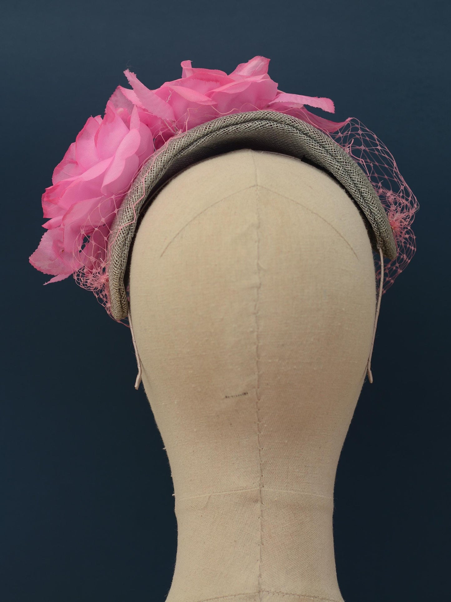 Grey and Pink Bandeau Headband Fascinator with Flowers and Net Veil