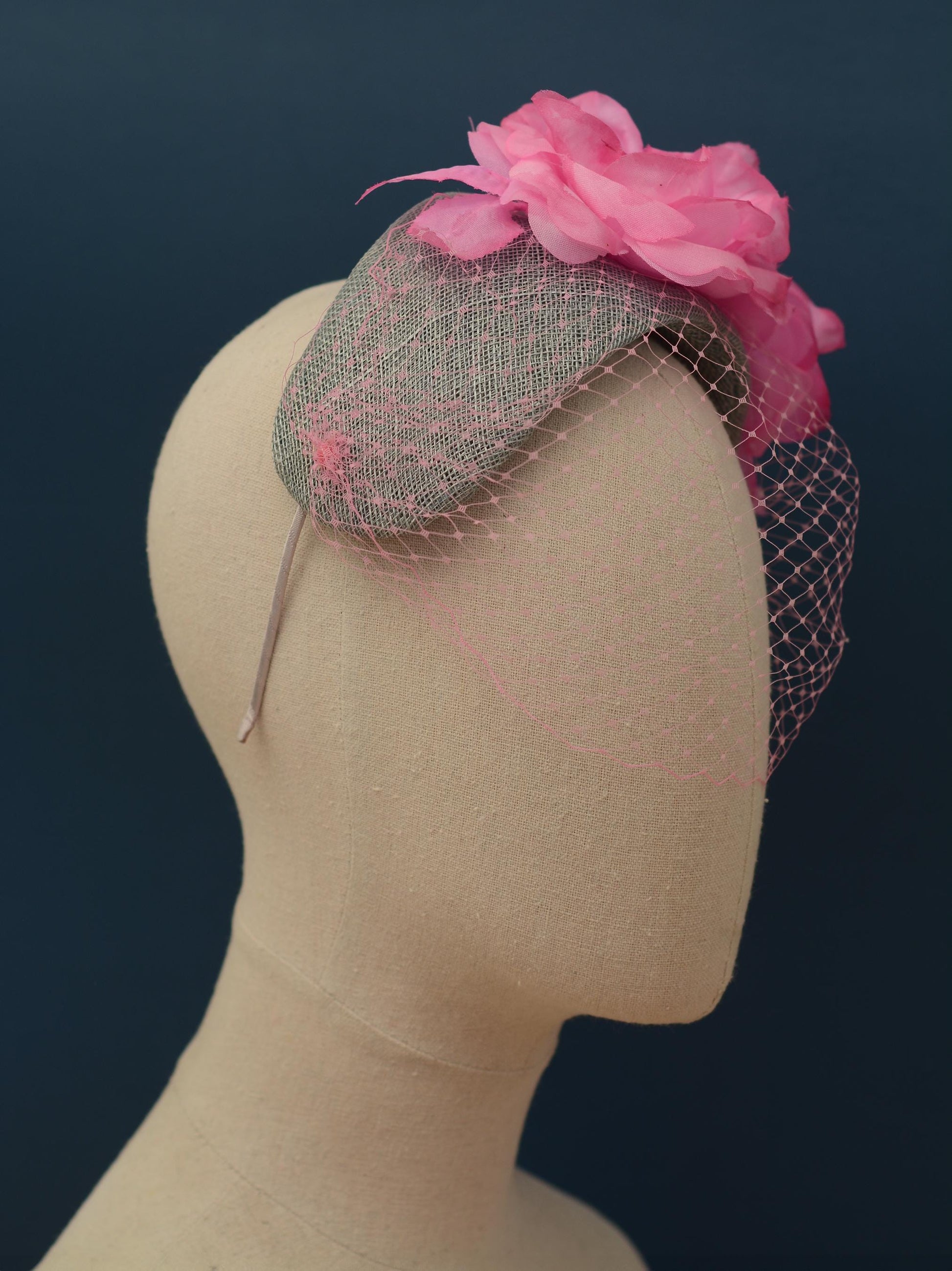 Grey and Pink Bandeau Headband Fascinator with Flowers and Net Veil