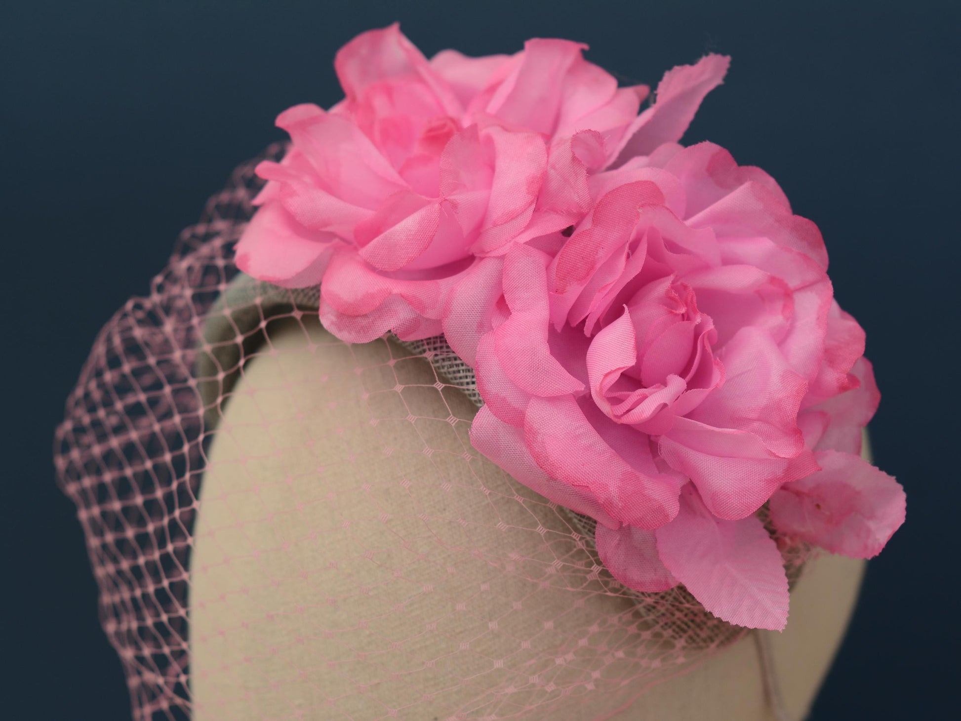 Grey and Pink Bandeau Headband Fascinator with Flowers and Net Veil