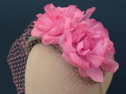 Grey and Pink Bandeau Headband Fascinator with Flowers and Net Veil