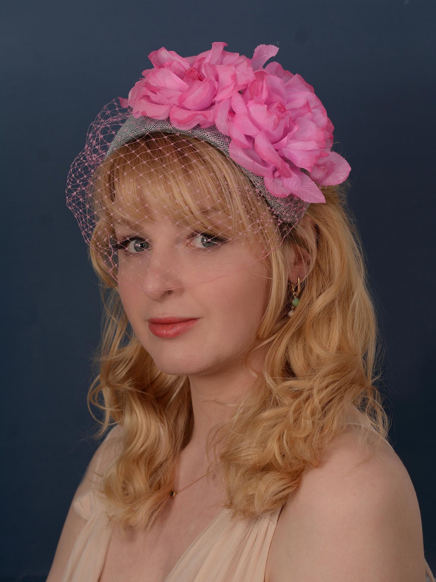 Grey and Pink Bandeau Headband Fascinator with Flowers and Net Veil