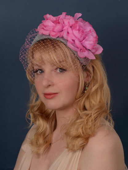 Grey and Pink Bandeau Headband Fascinator with Flowers and Net Veil