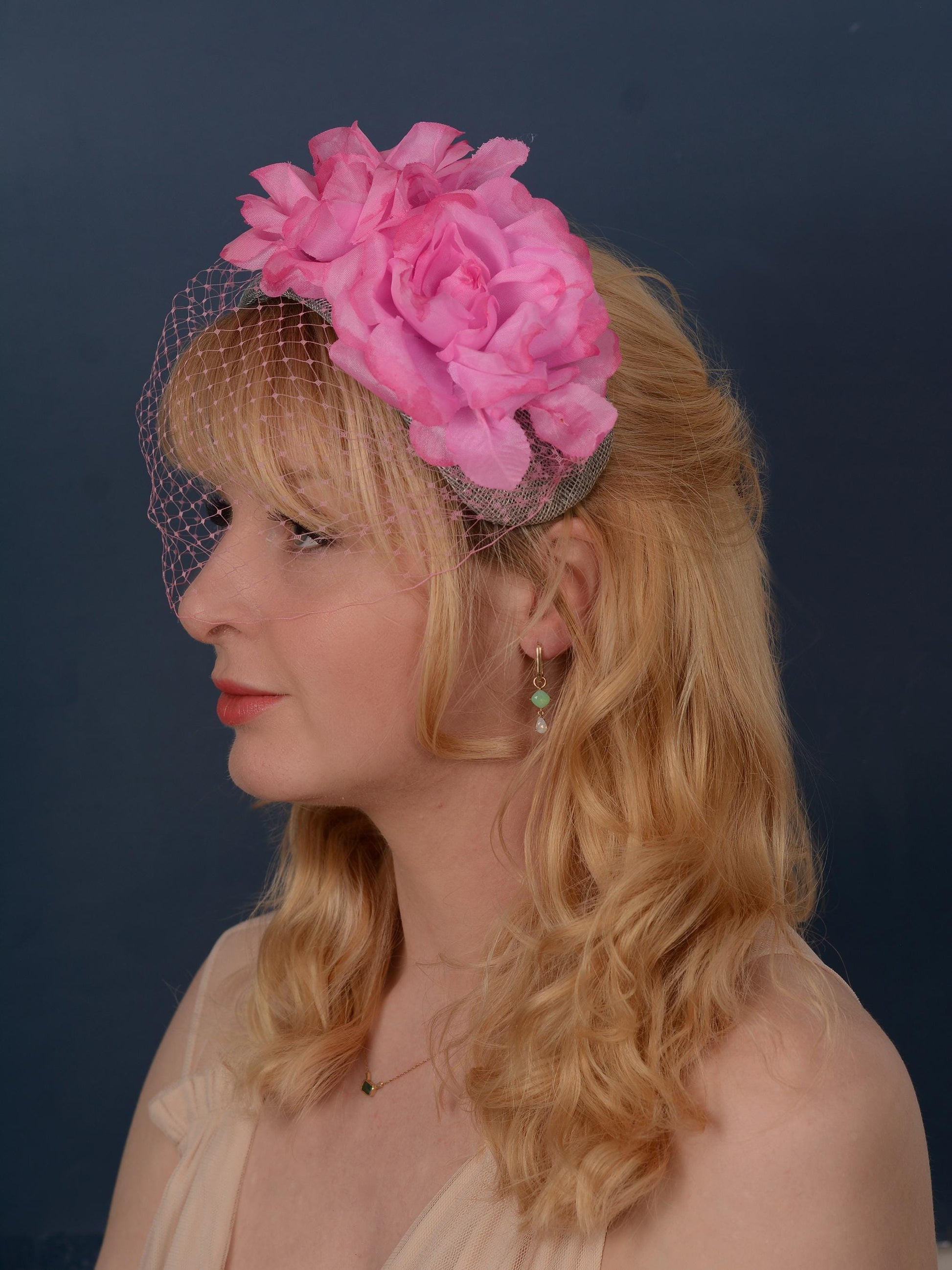 Grey and Pink Bandeau Headband Fascinator with Flowers and Net Veil