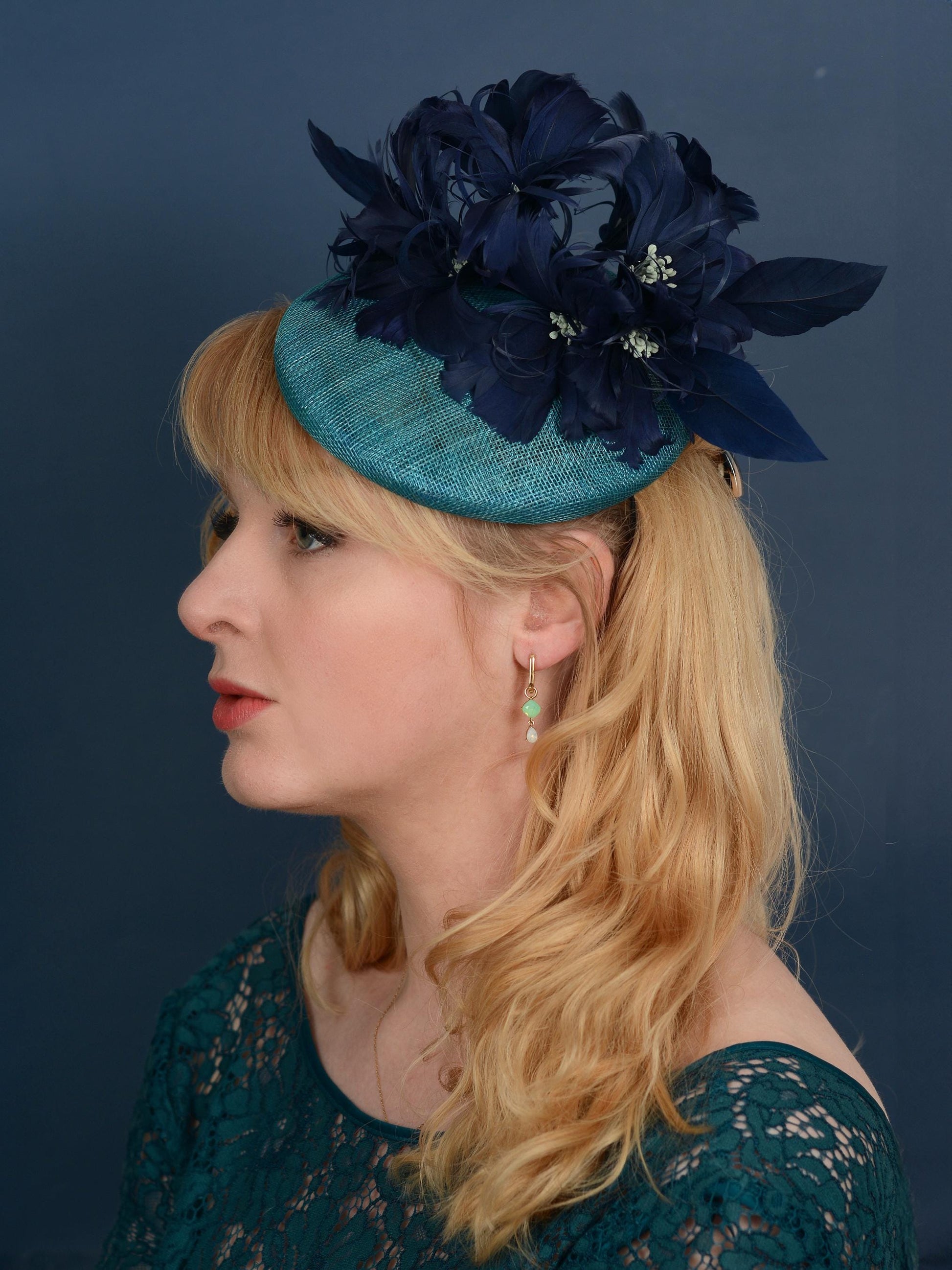 Navy Blue and Teal Feather Flower Button Hat Fascinator
