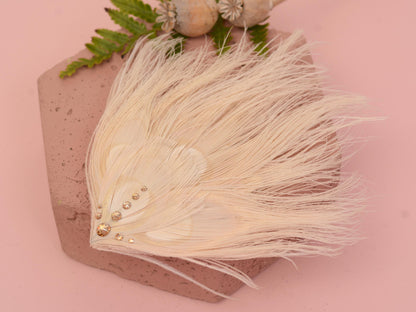 Feather Fascinator in Ivory Peacock with Swarovski Crystal Detail | Bridal Feather Hair Clip | Bridal Feather Hairpiece | Bridal Headpiece