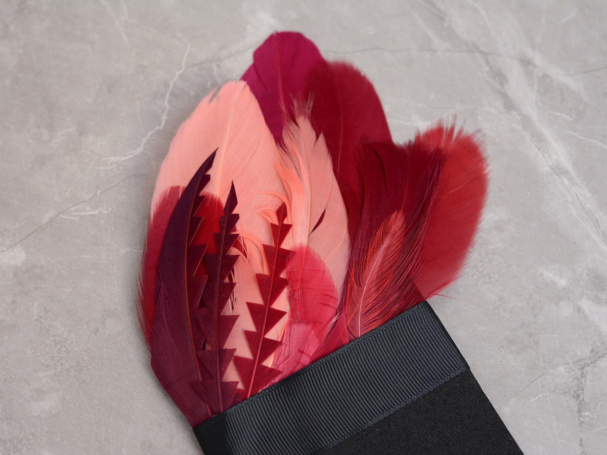 Ombre Crimson and Coral Goose Feather Pocket Square No.286 | Suit Accessory | Feather Neck Tie | Grooms Outfit | Groomsmen