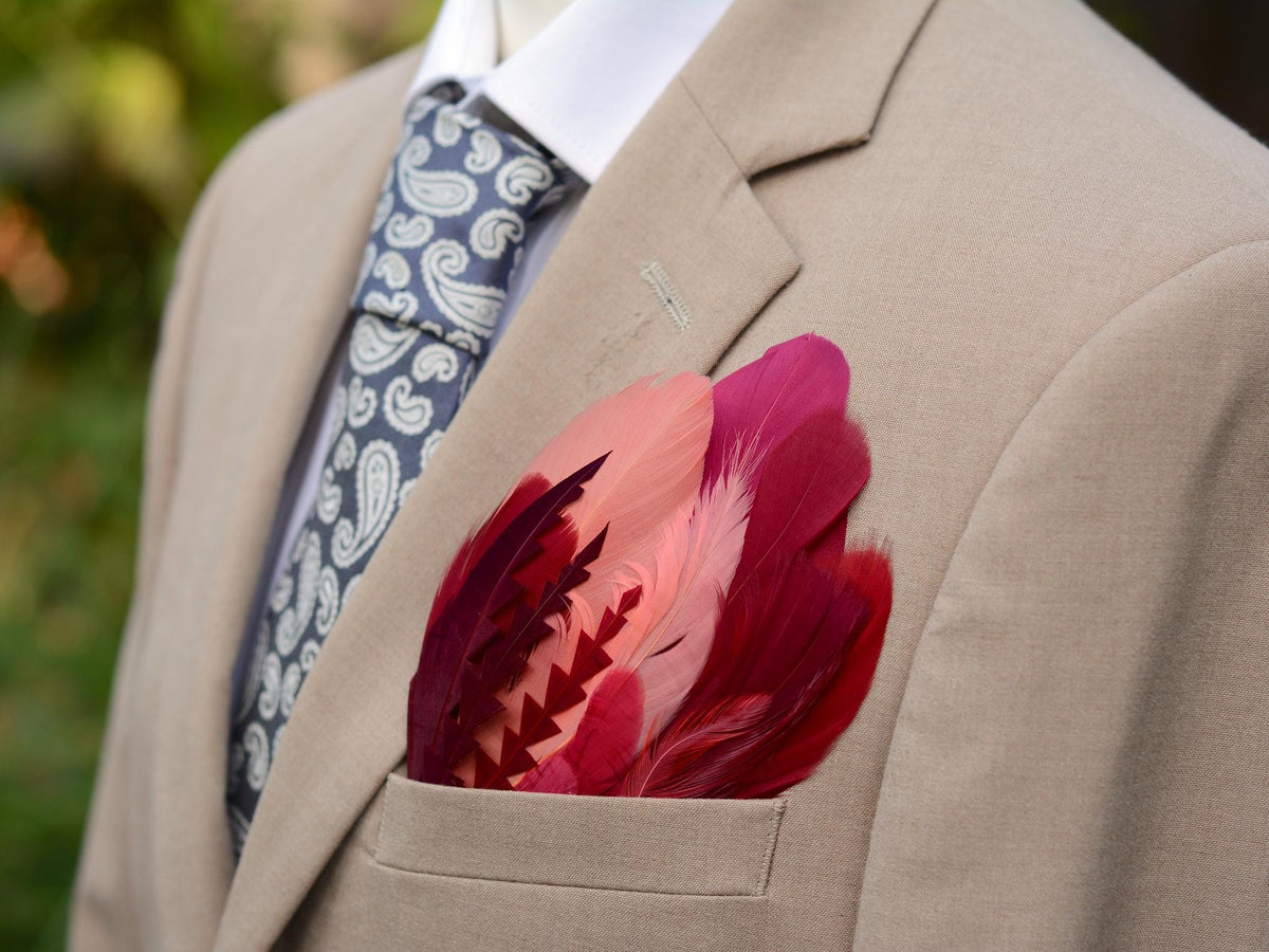 Ombre Crimson and Coral Goose Feather Pocket Square No.286 | Suit Accessory | Feather Neck Tie | Grooms Outfit | Groomsmen