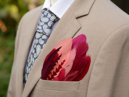 Ombre Crimson and Coral Goose Feather Pocket Square No.286 | Suit Accessory | Feather Neck Tie | Grooms Outfit | Groomsmen