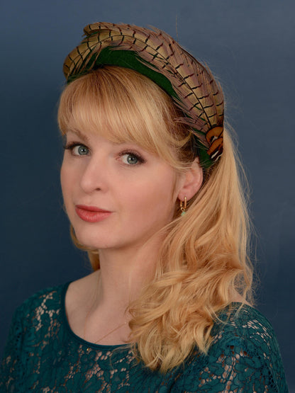 Pheasant Feather and Geen Wool Bandeau Headband Fascinator