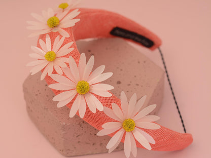 Coral Pink and Sequin Daisy Bandeau Headband Fascinator | Feather Hat | Wedding Fascinator