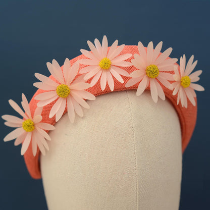 Coral Pink and Sequin Daisy Bandeau Headband Fascinator | Feather Hat | Wedding Fascinator