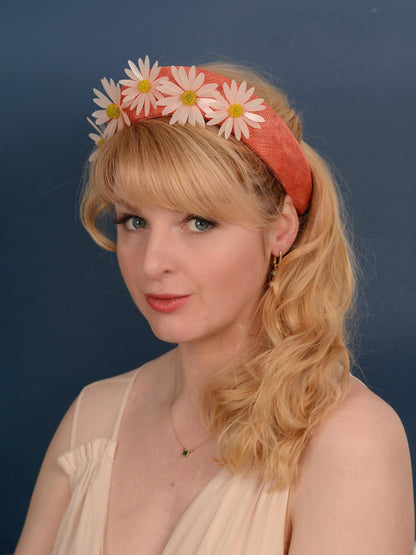 Coral Pink and Sequin Daisy Bandeau Headband Fascinator | Feather Hat | Wedding Fascinator