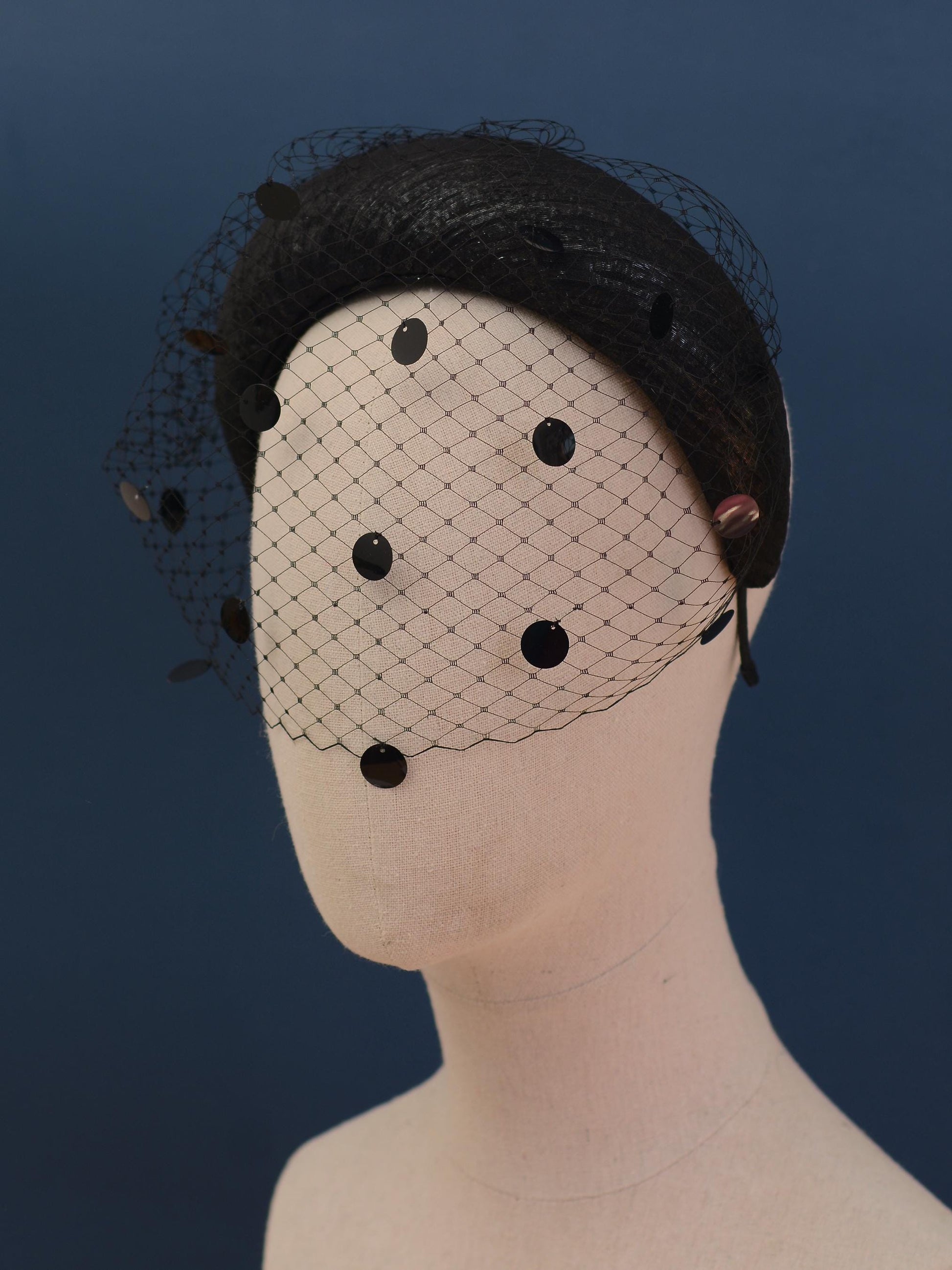 Black Headband Fascinator with Polka Dot Sequin Birdcage Veil
