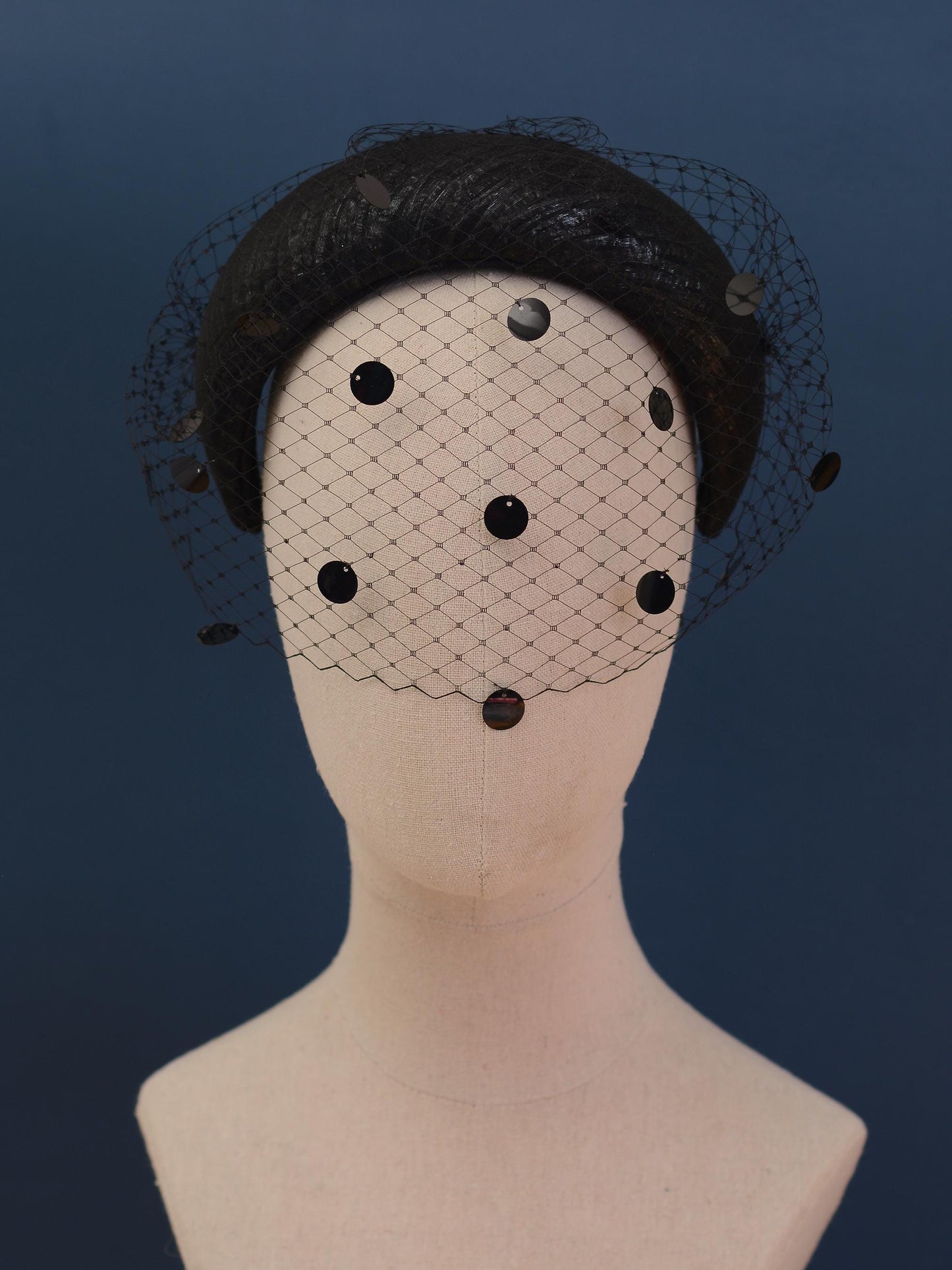 Black Headband Fascinator with Polka Dot Sequin Birdcage Veil