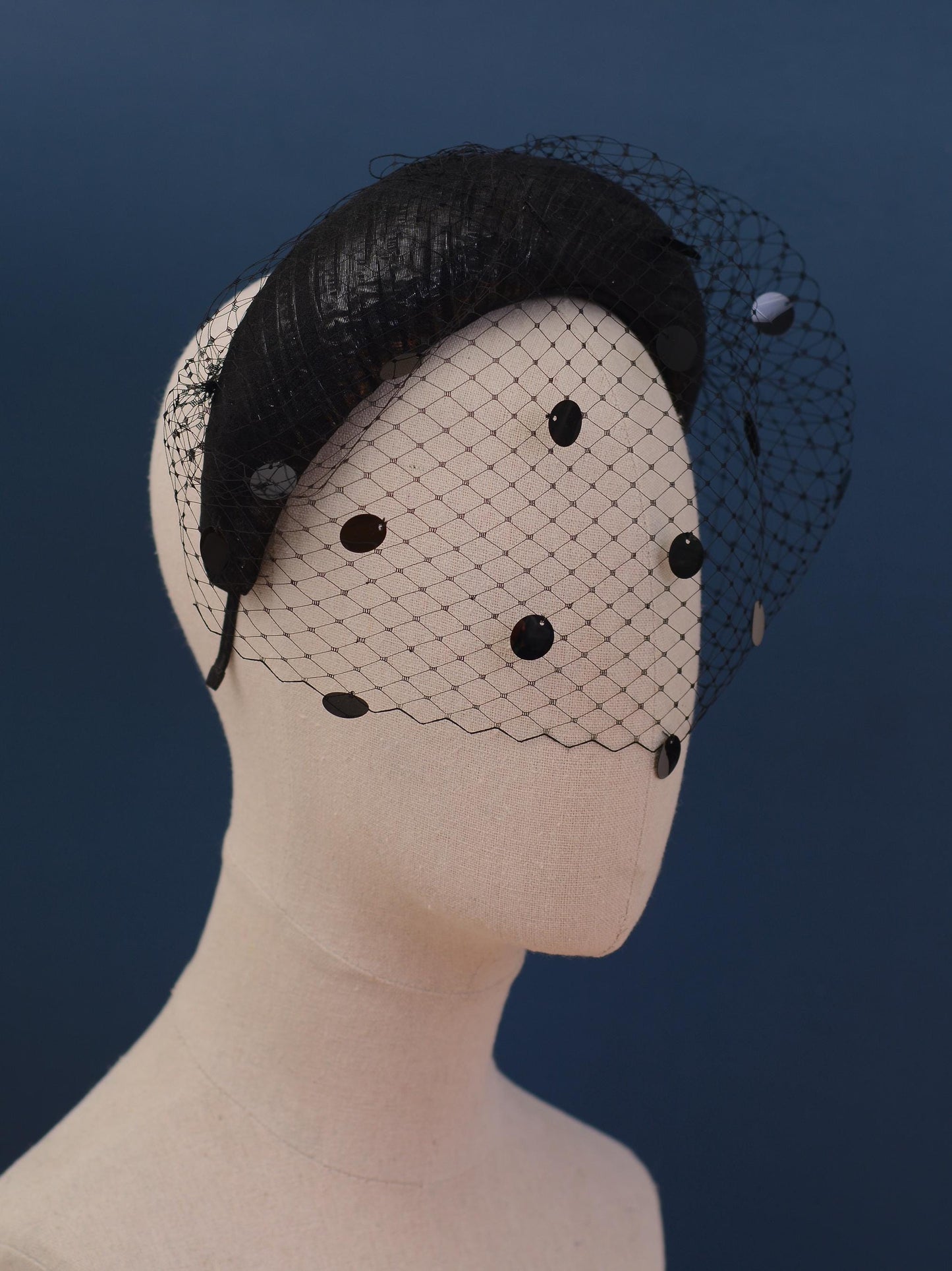 Black Headband Fascinator with Polka Dot Sequin Birdcage Veil