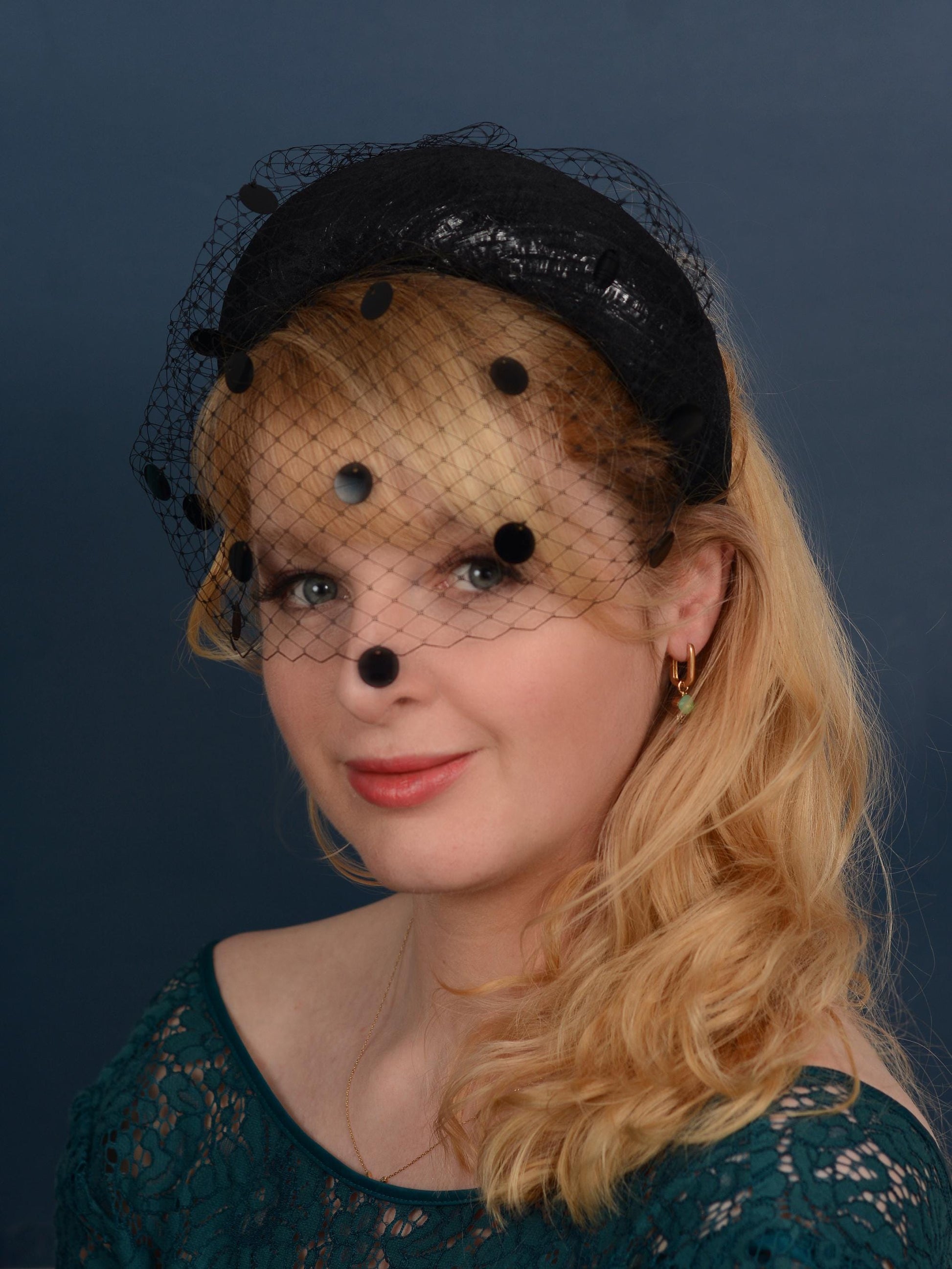 Black Headband Fascinator with Polka Dot Sequin Birdcage Veil