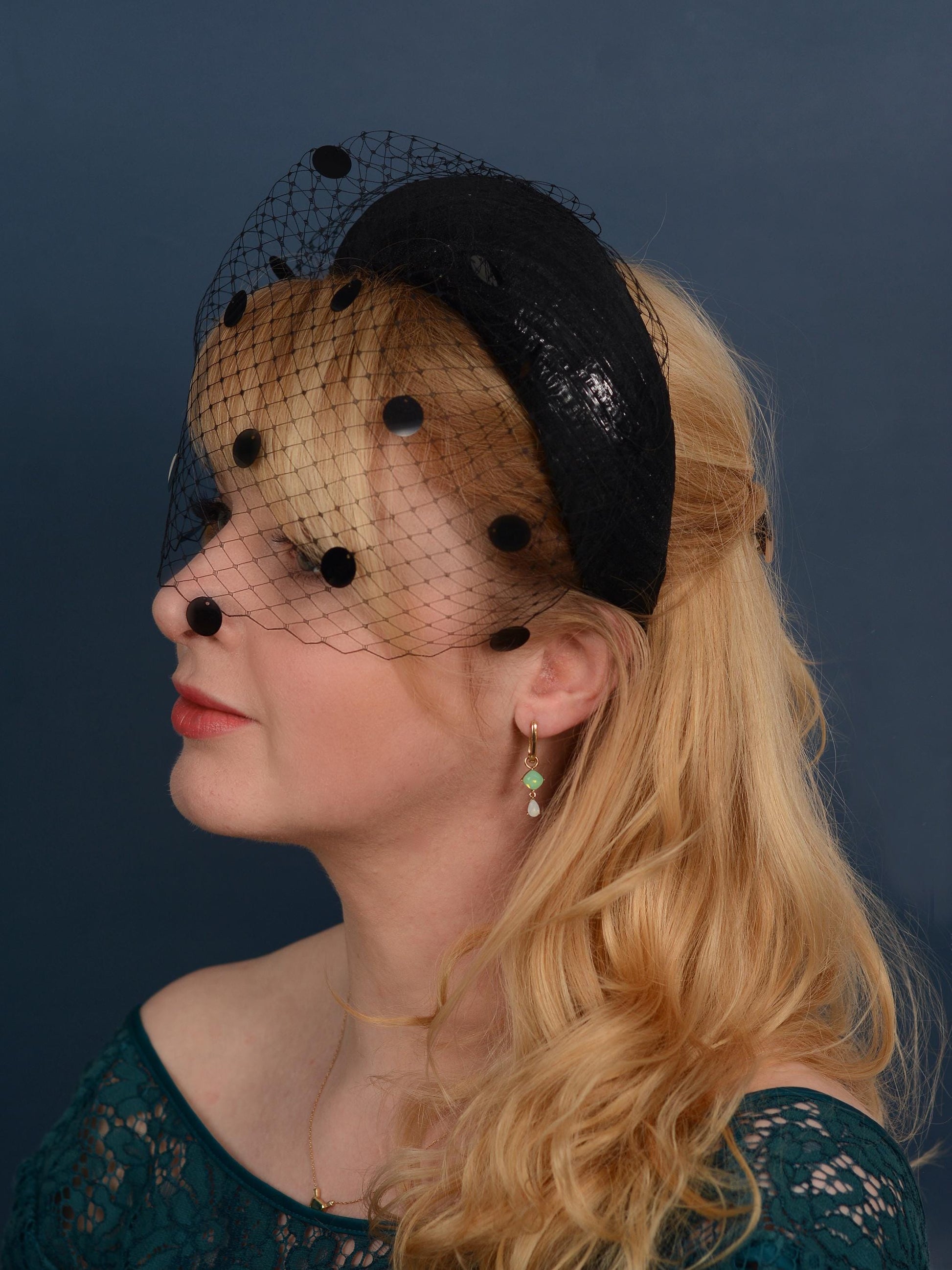 Black Headband Fascinator with Polka Dot Sequin Birdcage Veil