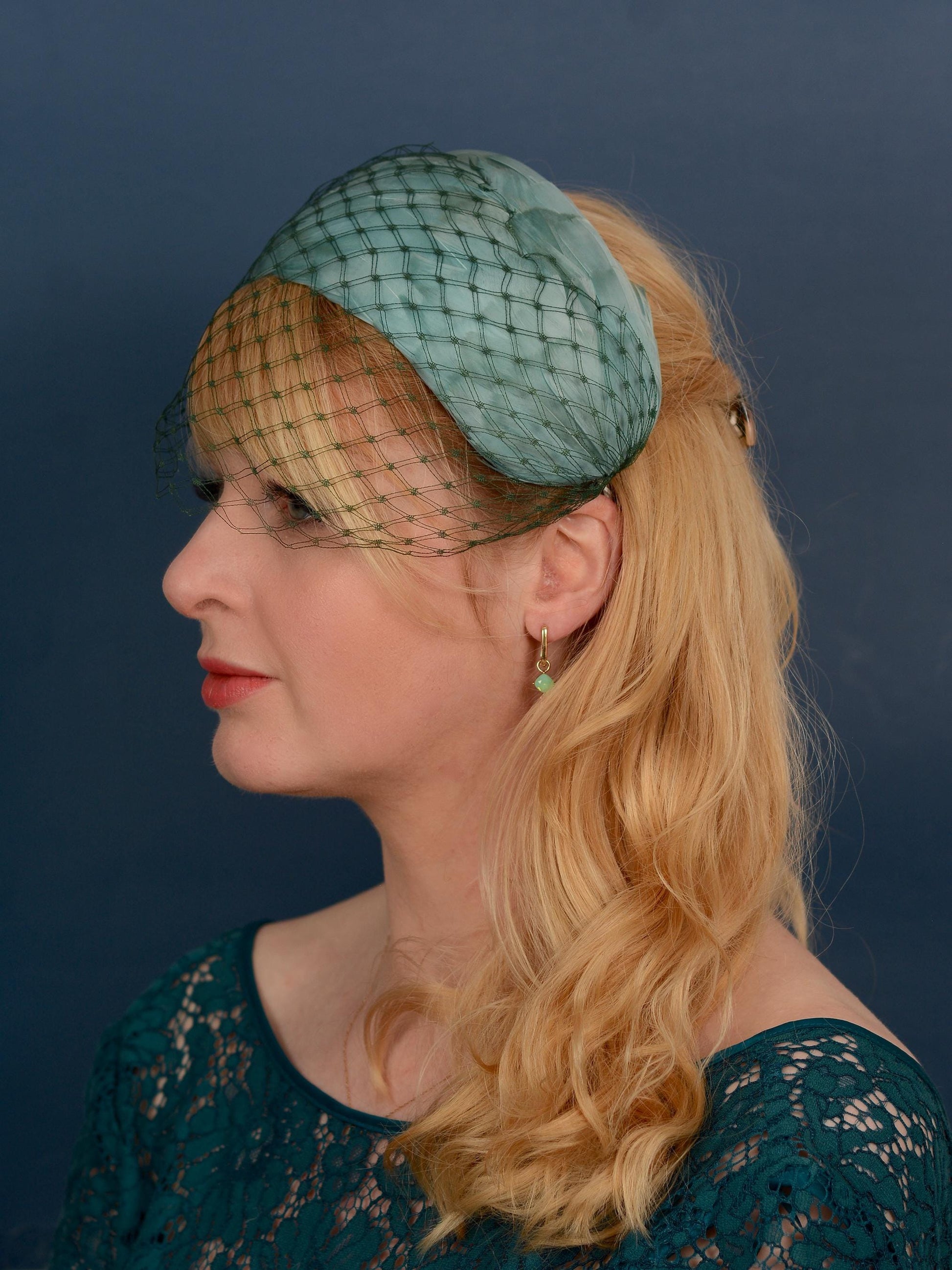 Luxury Sage Green Goose Feather Bandeau Headband Fascinator with Vintage Veiling | Feather Hat | Wedding Fascinator