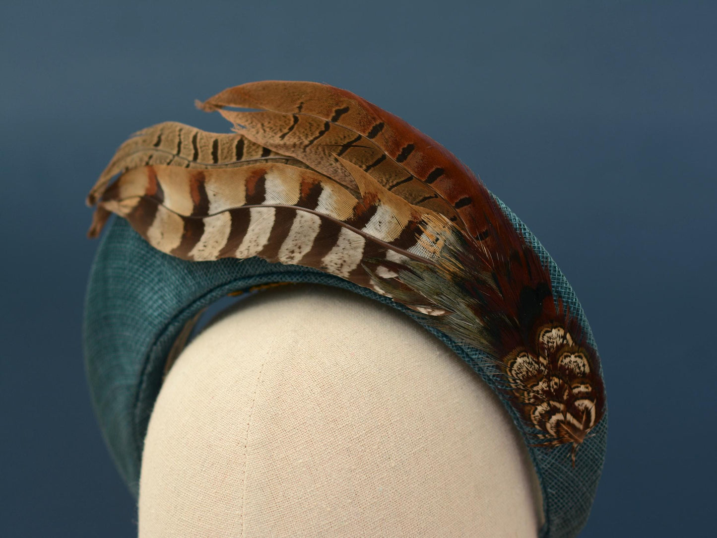 Pheasant Feather and Teal Halo Bandeau Headband Fascinator