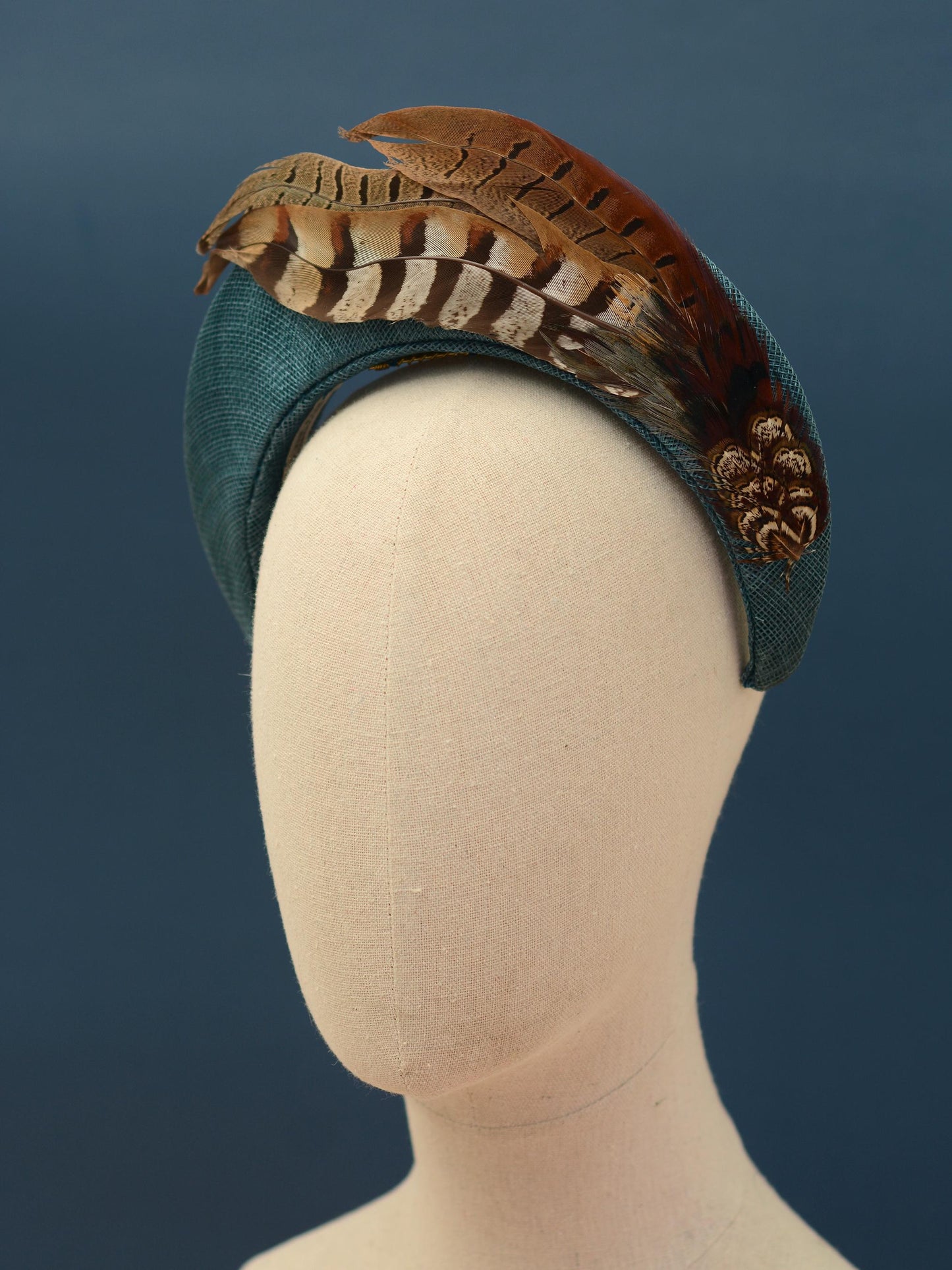 Pheasant Feather and Teal Halo Bandeau Headband Fascinator