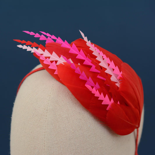 Red and Pink Feather Fascinator Headband No.013 | Pink Feather Headband | Red and Pink Feather Headpiece