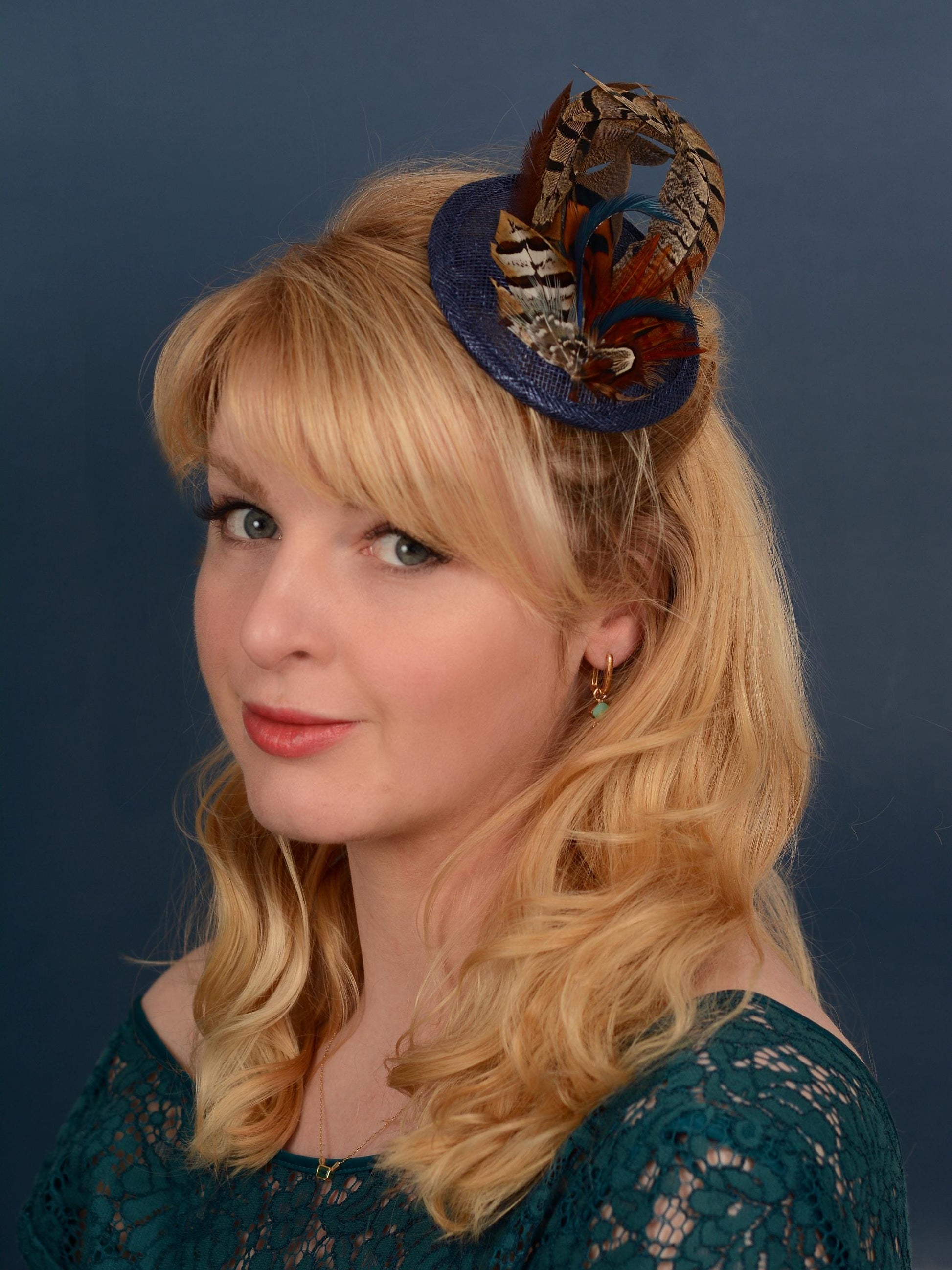 Navy Blue and Pheasant Feather Fascinator | Navy Blue Feather Hat | Wedding Fascinator | Gold Fascinator | Navy Blue Fascinator