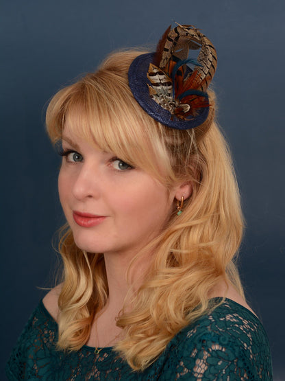 Navy Blue and Pheasant Feather Fascinator | Navy Blue Feather Hat | Wedding Fascinator | Gold Fascinator | Navy Blue Fascinator