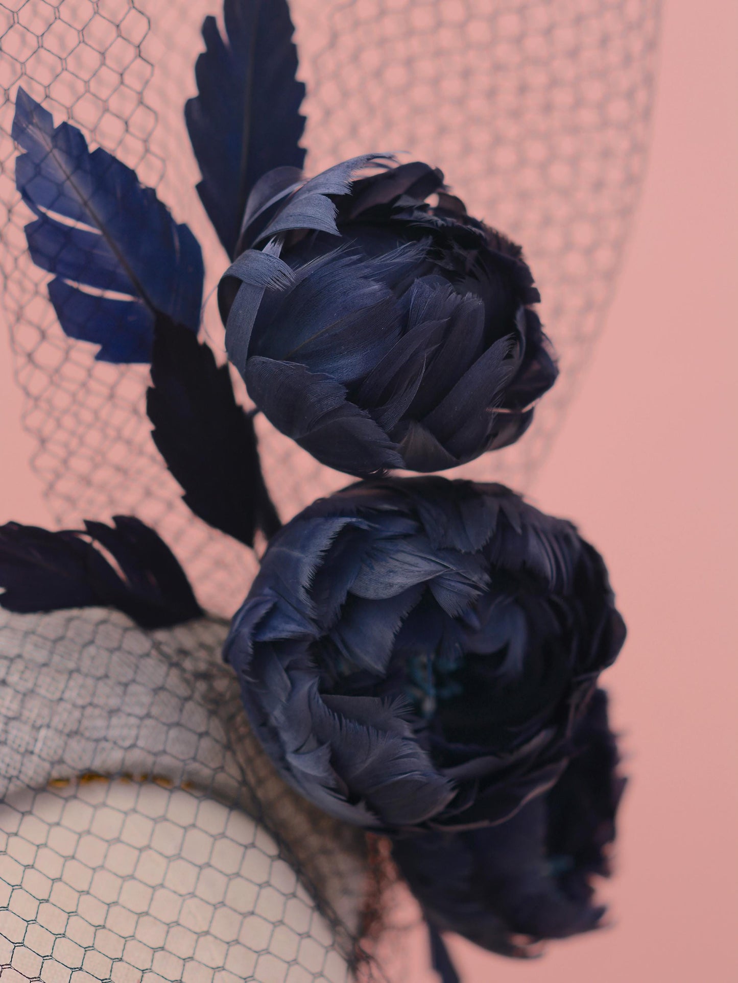 Grey and Navy Blue Bandeau Headband Fascinator with Feather Flowers and Net Veil
