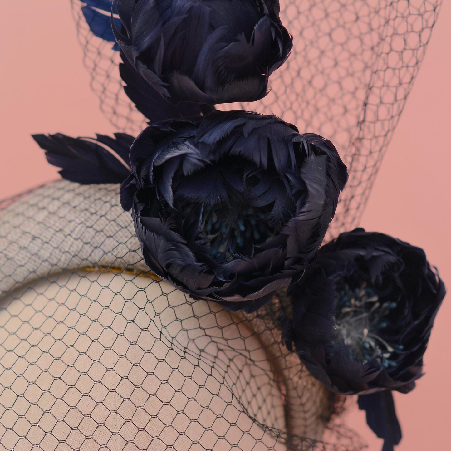 Grey and Navy Blue Bandeau Headband Fascinator with Feather Flowers and Net Veil