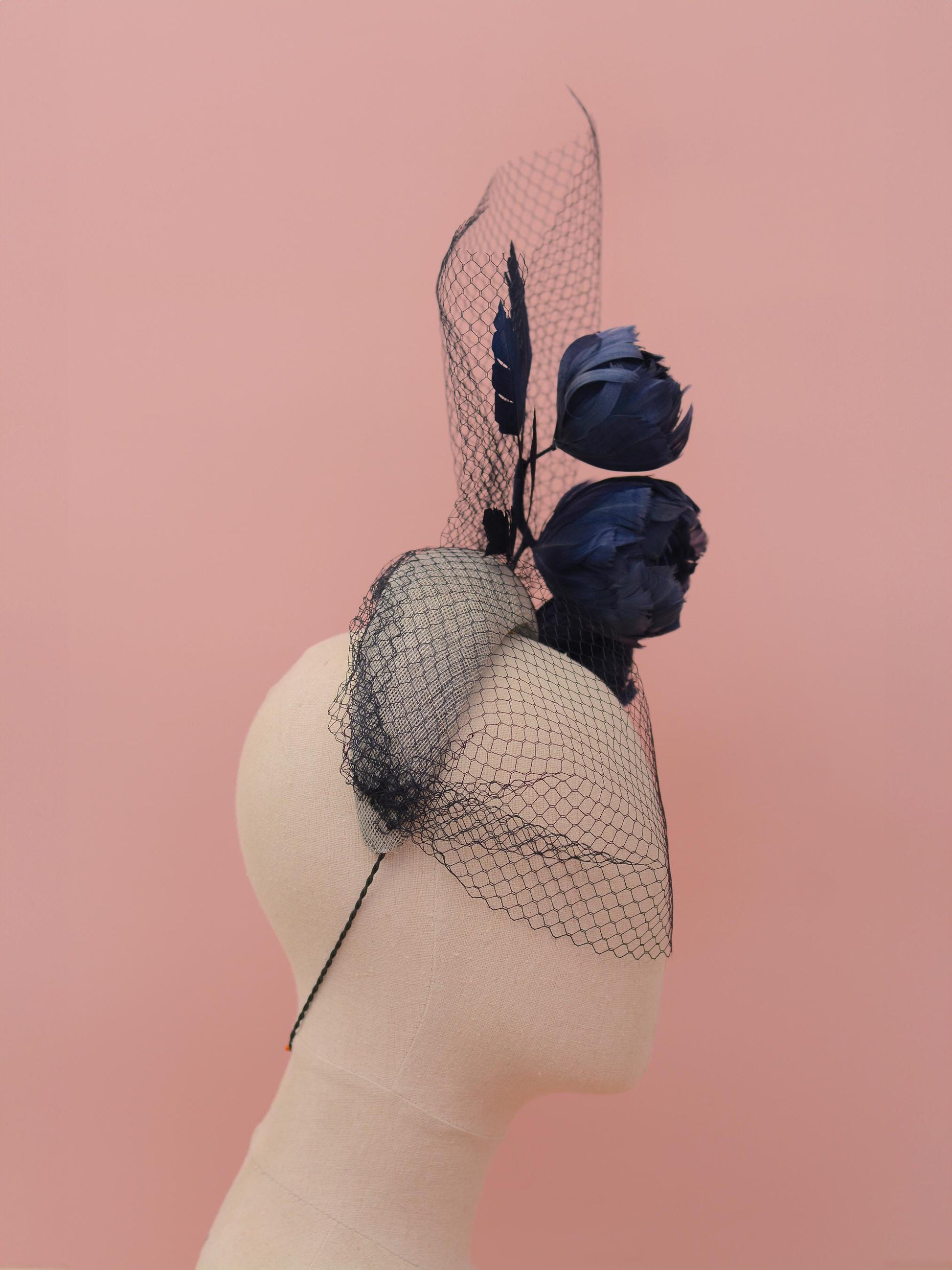 Grey and Navy Blue Bandeau Headband Fascinator with Feather Flowers and Net Veil