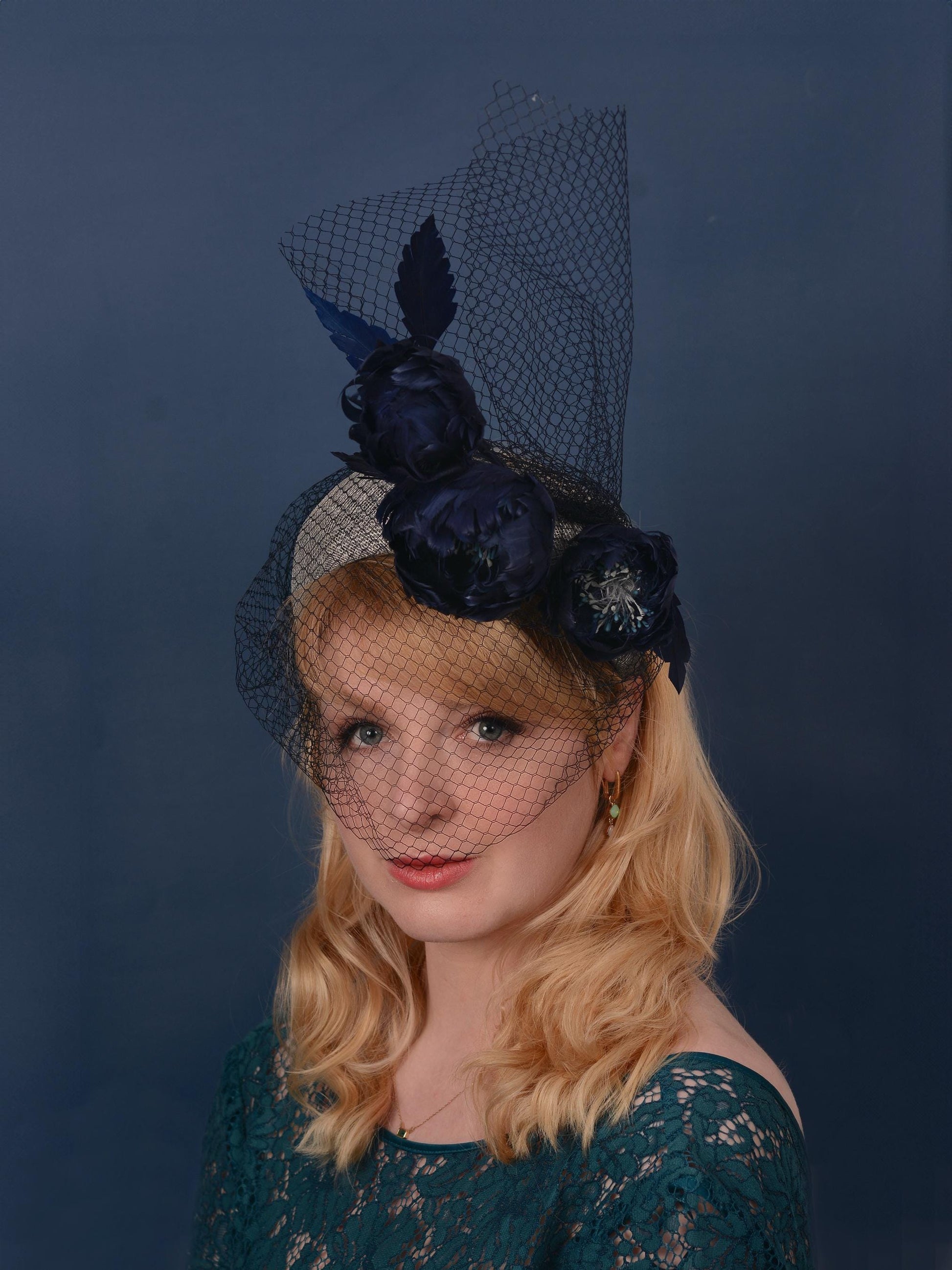 Grey and Navy Blue Bandeau Headband Fascinator with Feather Flowers and Net Veil