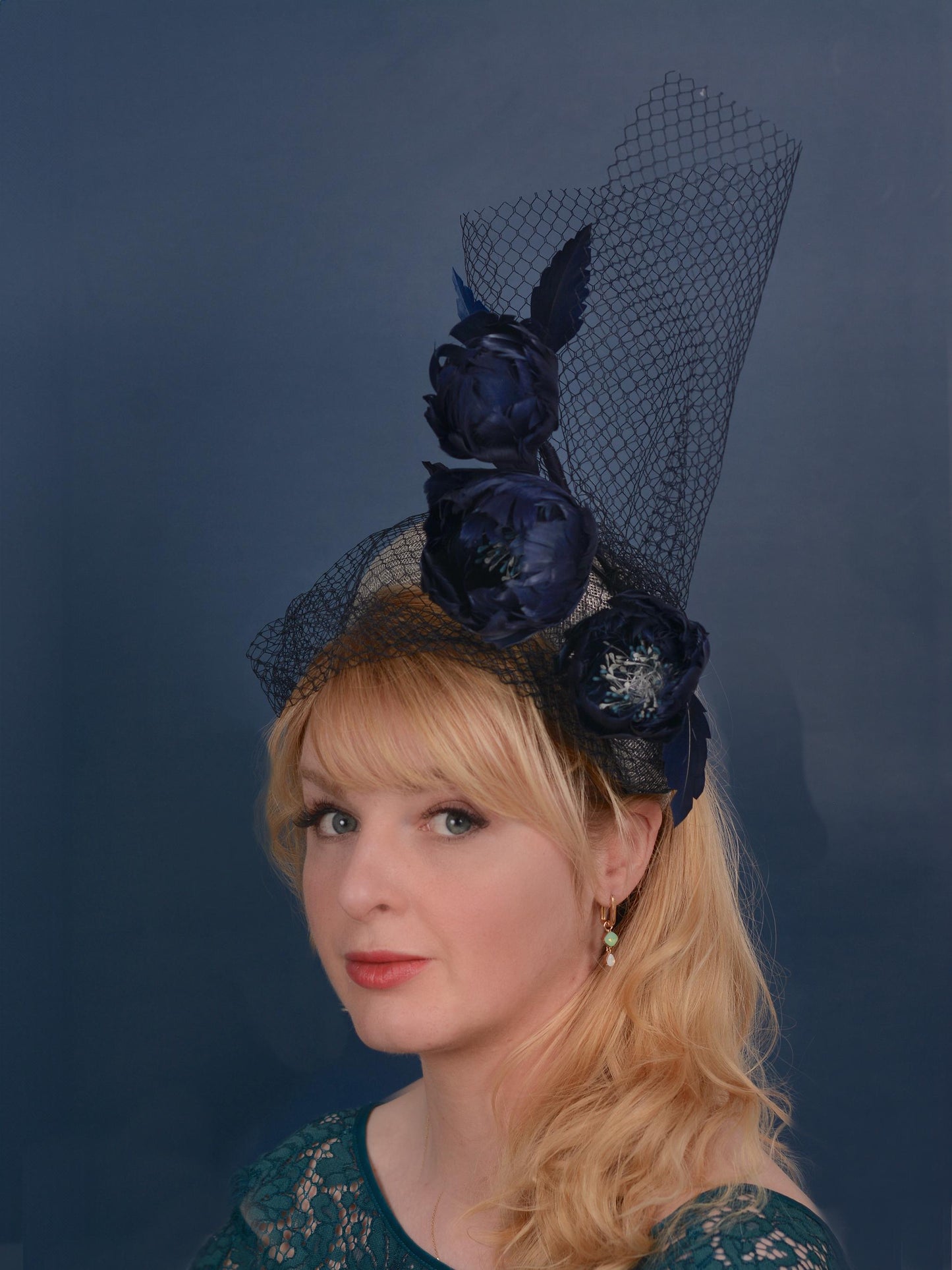 Grey and Navy Blue Bandeau Headband Fascinator with Feather Flowers and Net Veil