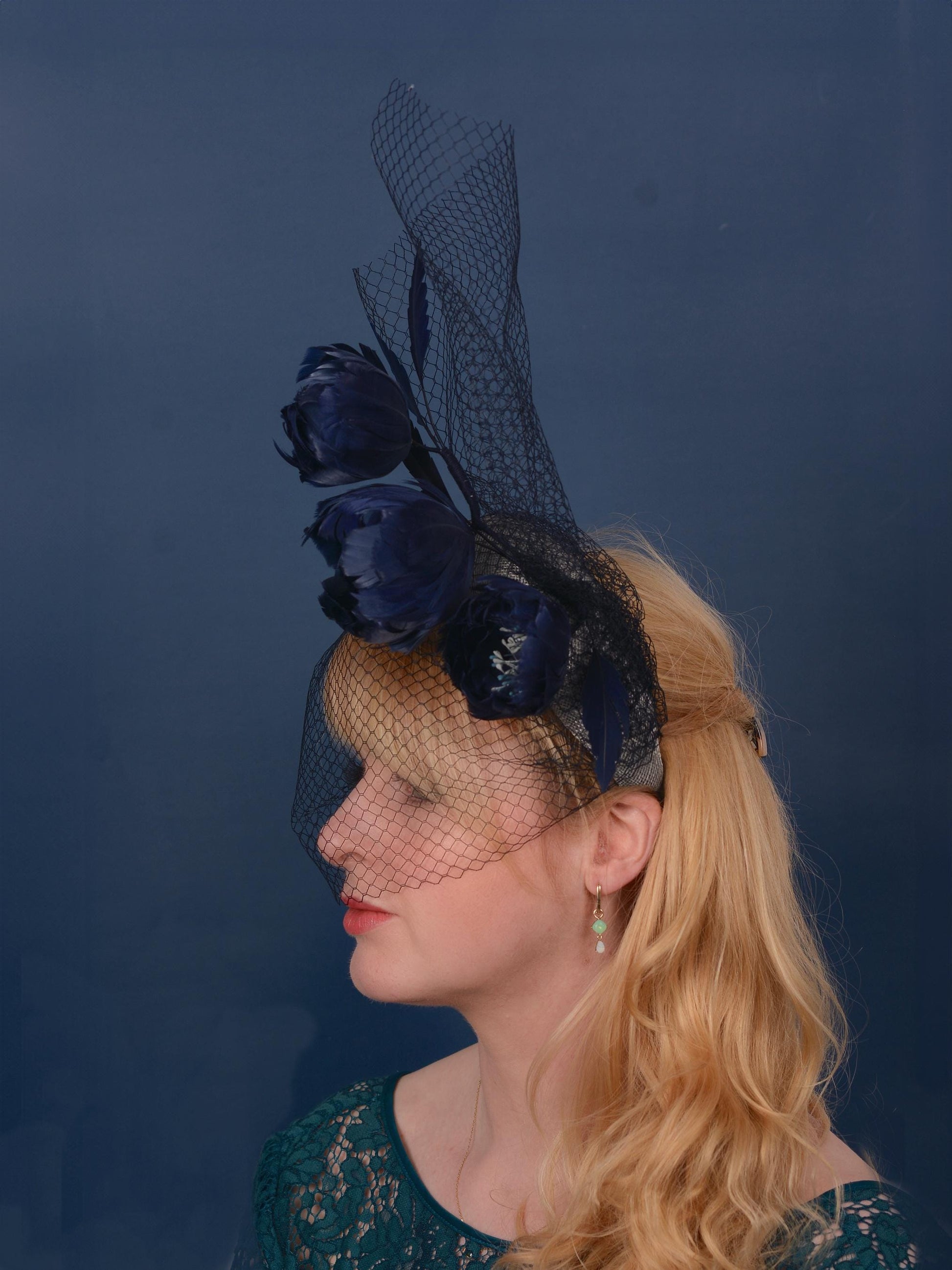 Grey and Navy Blue Bandeau Headband Fascinator with Feather Flowers and Net Veil