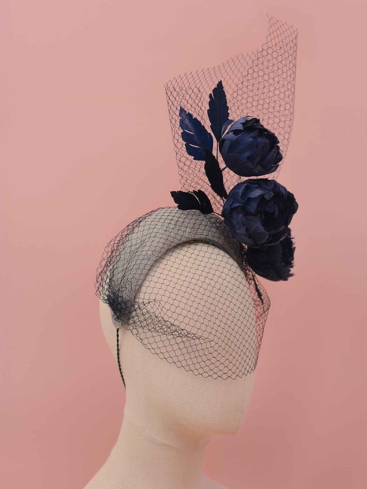 Grey and Navy Blue Bandeau Headband Fascinator with Feather Flowers and Net Veil